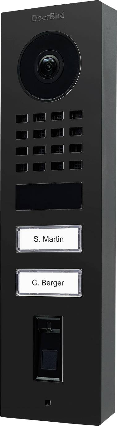 Video intercom system with a camera at the top, speaker grid, and two labeled buttons for 'S. Martin' and 'C. Berger' below.