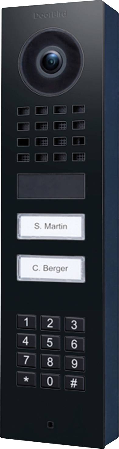 A black intercom system with a camera at the top, a speaker grid, two name labels 'S. Martin' and 'C. Berger', and a numbered keypad.