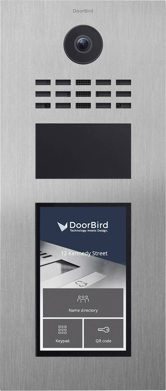 Door entry system with a camera, speaker, and touchscreen displaying 'DoorBird' interface. Shows options for name directory, keypad, and QR code.