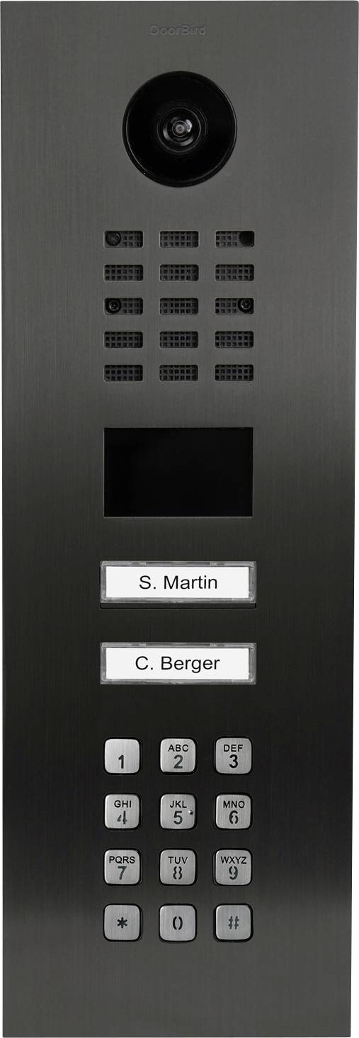 A building intercom system with a camera and speaker, displaying names 'S. Martin' and 'C. Berger', keypad with numbers and symbols below.
