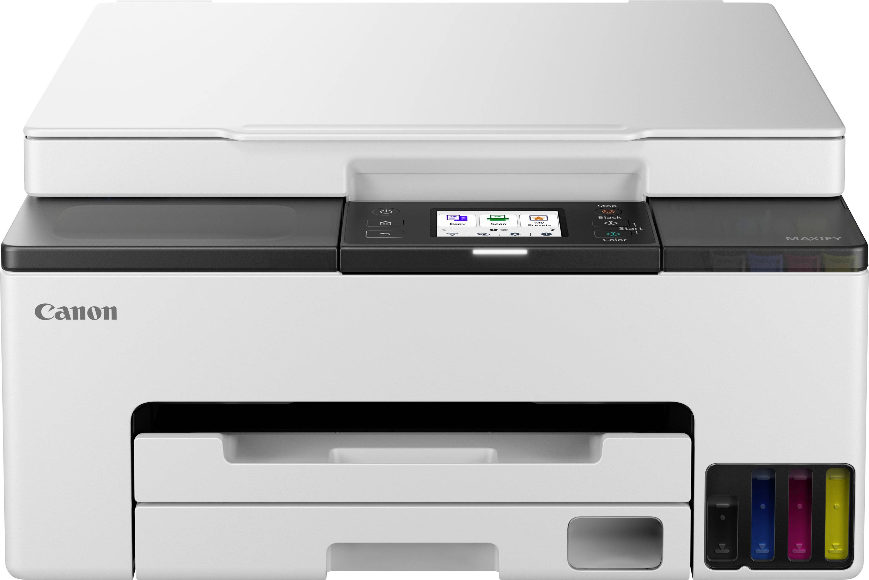 Ein weißer Canon Multifunktionsdrucker mit einem LCD-Bildschirm und sichtbaren Tintenpatronen an der Vorderseite, die schwarz, cyan, magenta und gelb zeigen.