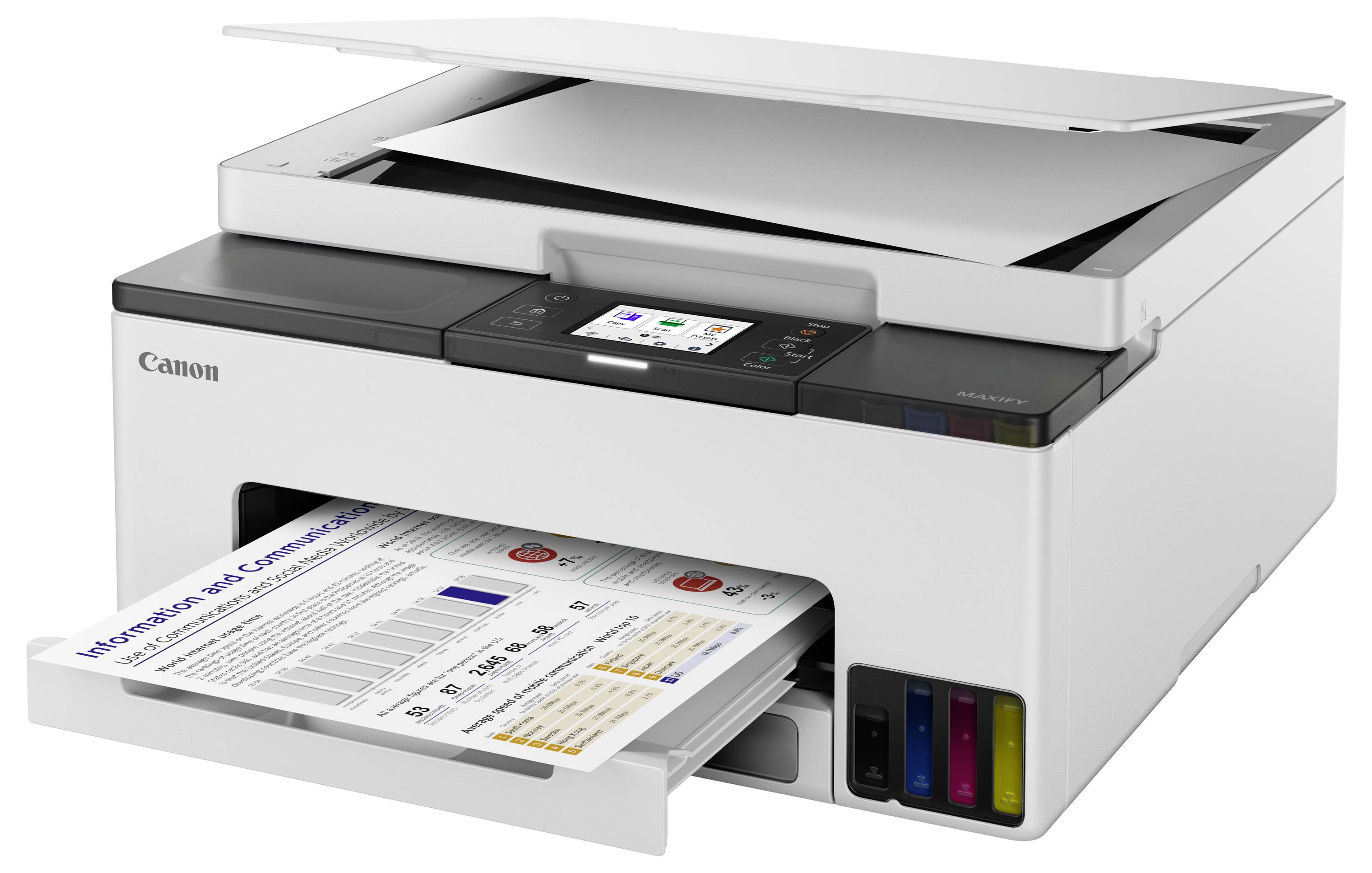A compact multi-function printer with a scanner lid open, displaying a printed document emerging from the output tray.