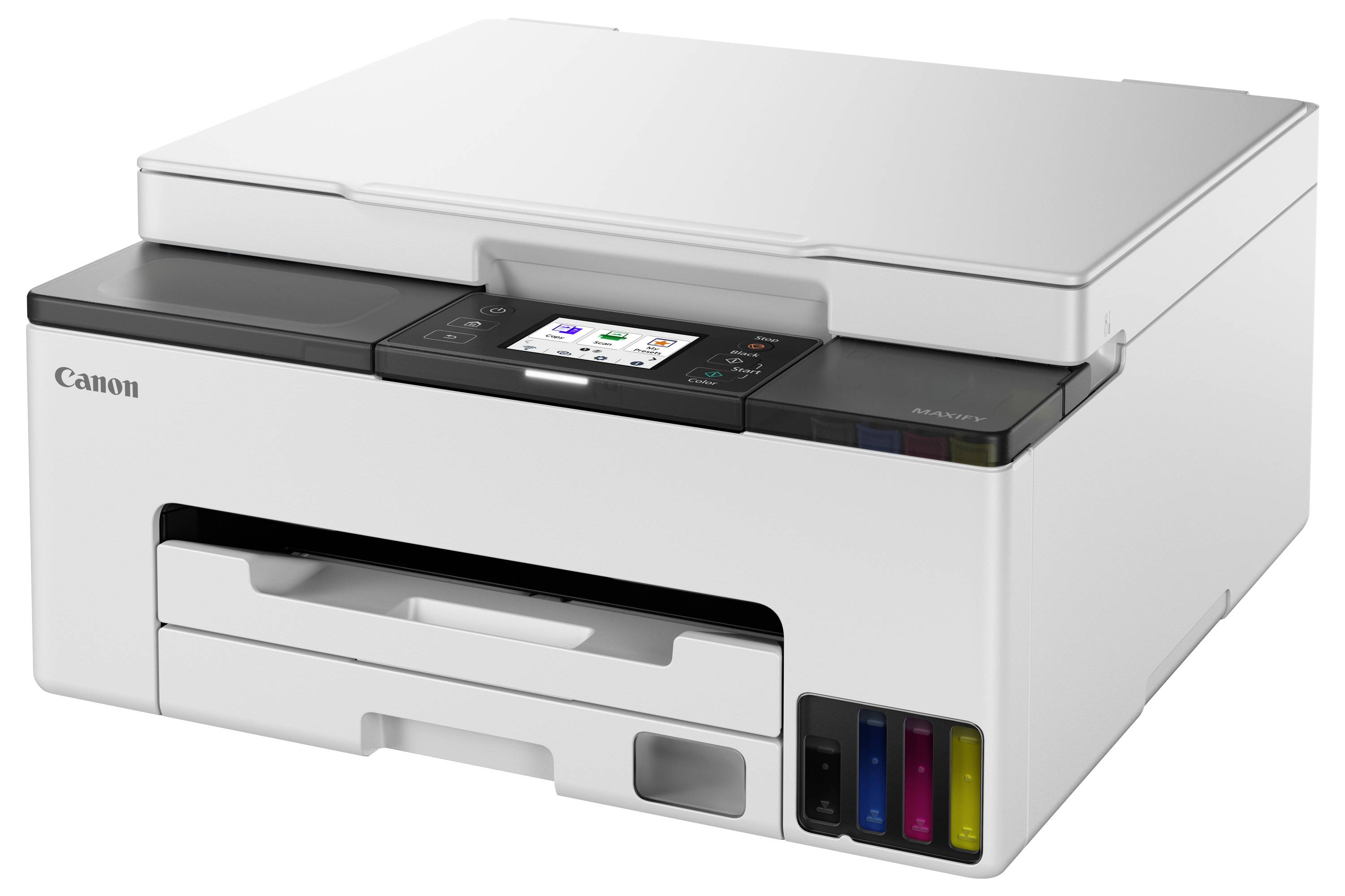 A white printer with a digital display and visible ink cartridge slots on the front. The brand logo is visible in the upper corner.