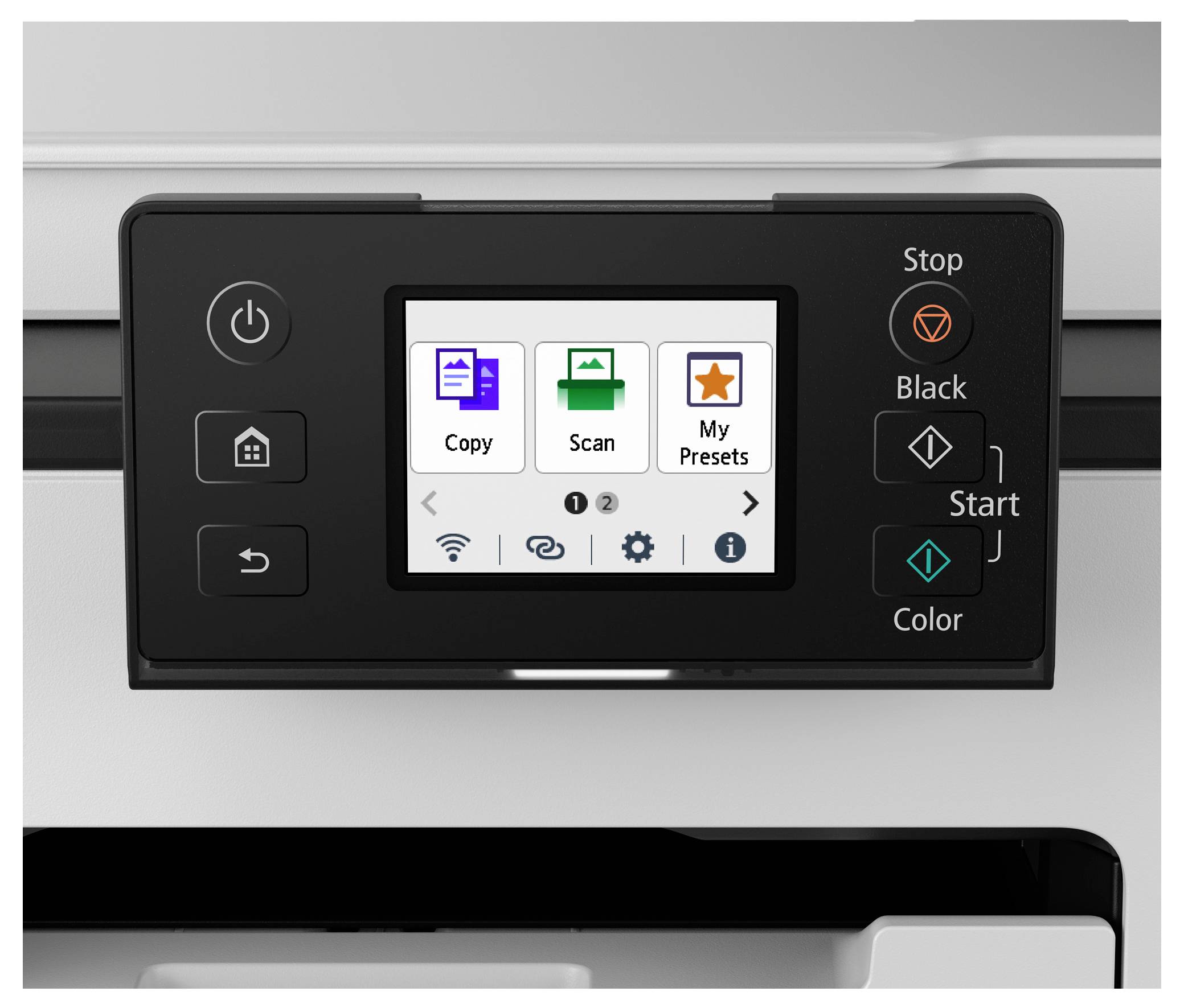 A printer control panel displaying options: 'Copy', 'Scan', and 'My Presets' with buttons for start, stop, and color selection.