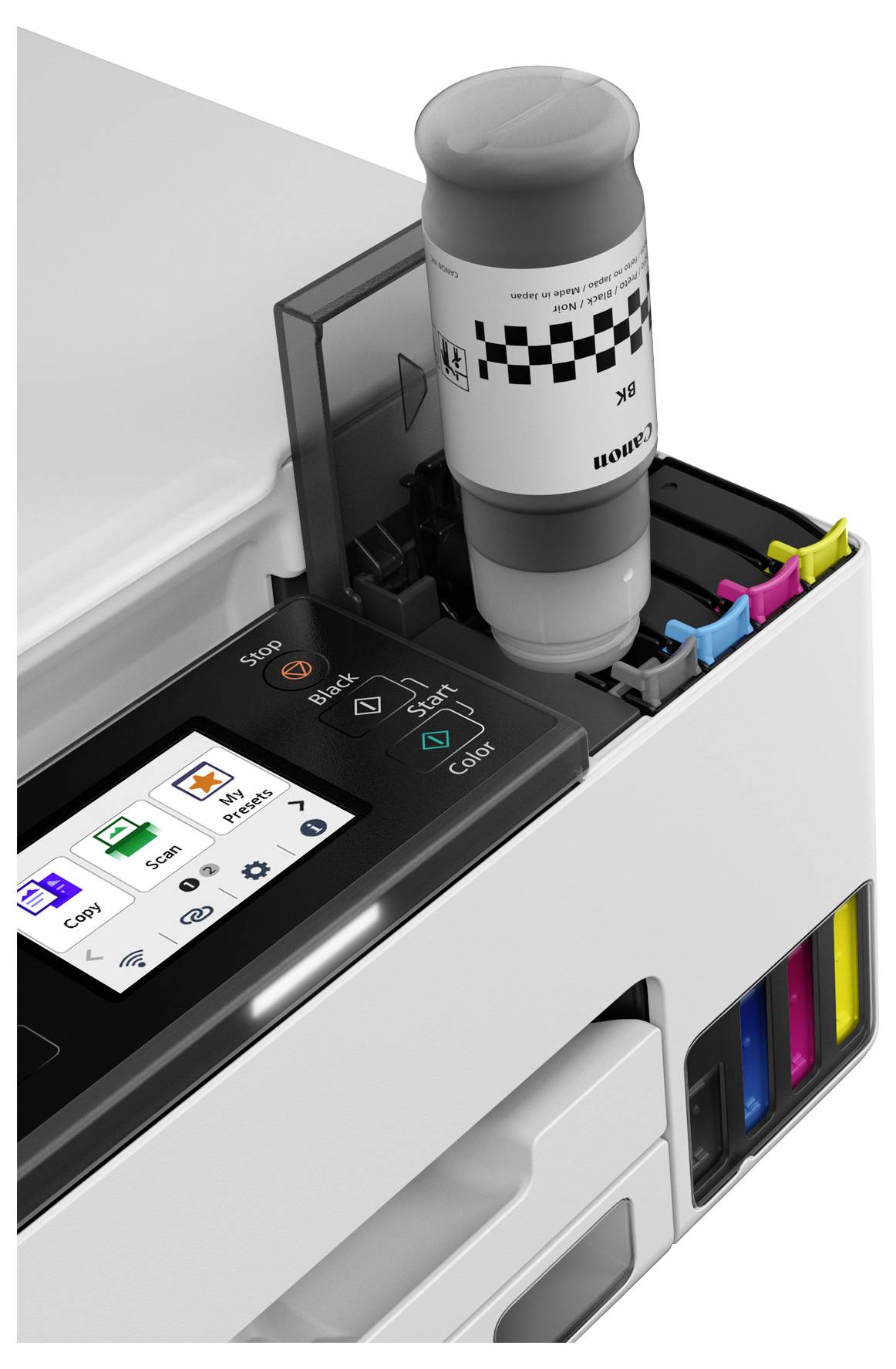 A printer with an ink cartridge being replaced. The display screen shows options like 'Copy' and connectivity settings.
