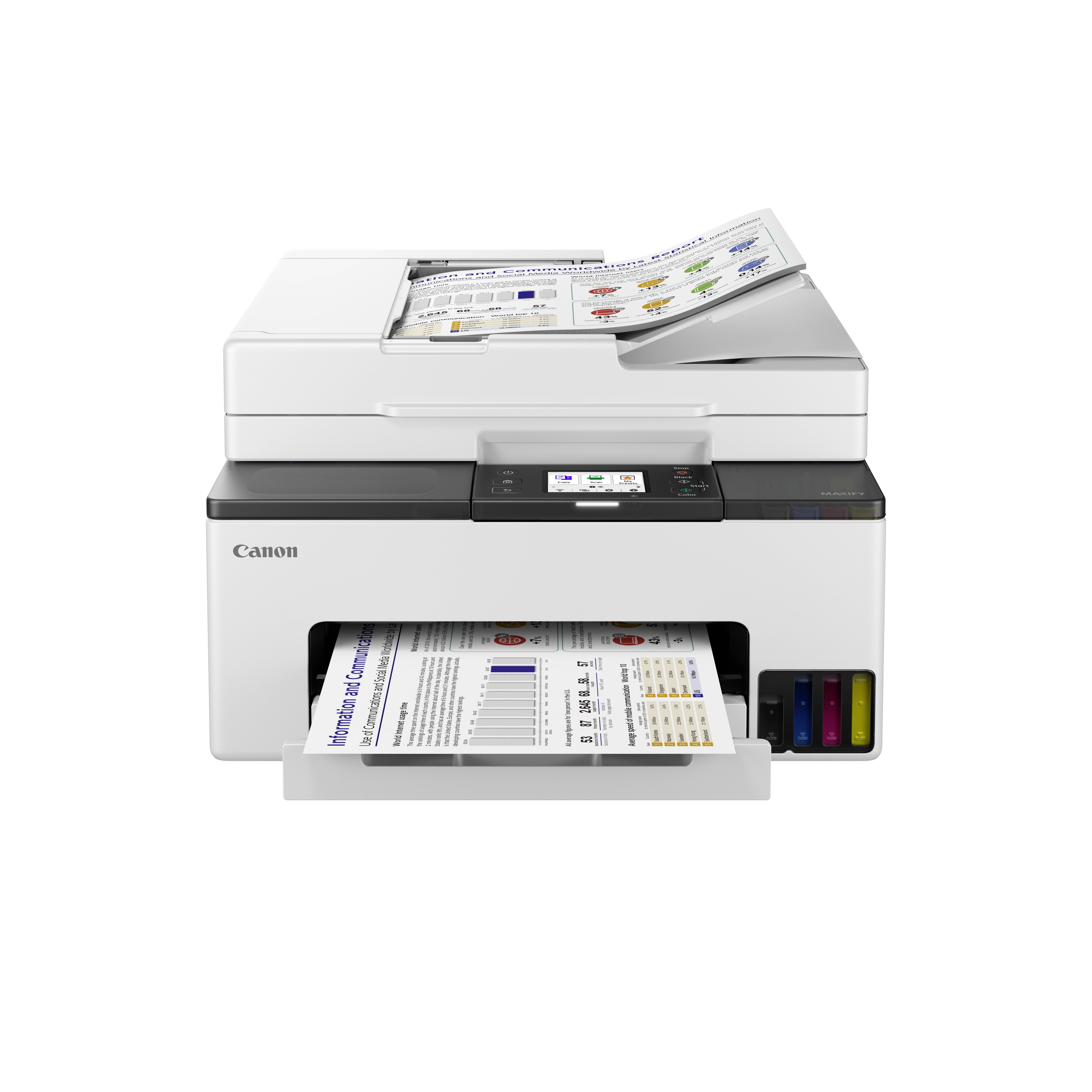 A white multifunction printer with an LCD screen, printing colored documents; it has visible ink tanks and a paper output tray.