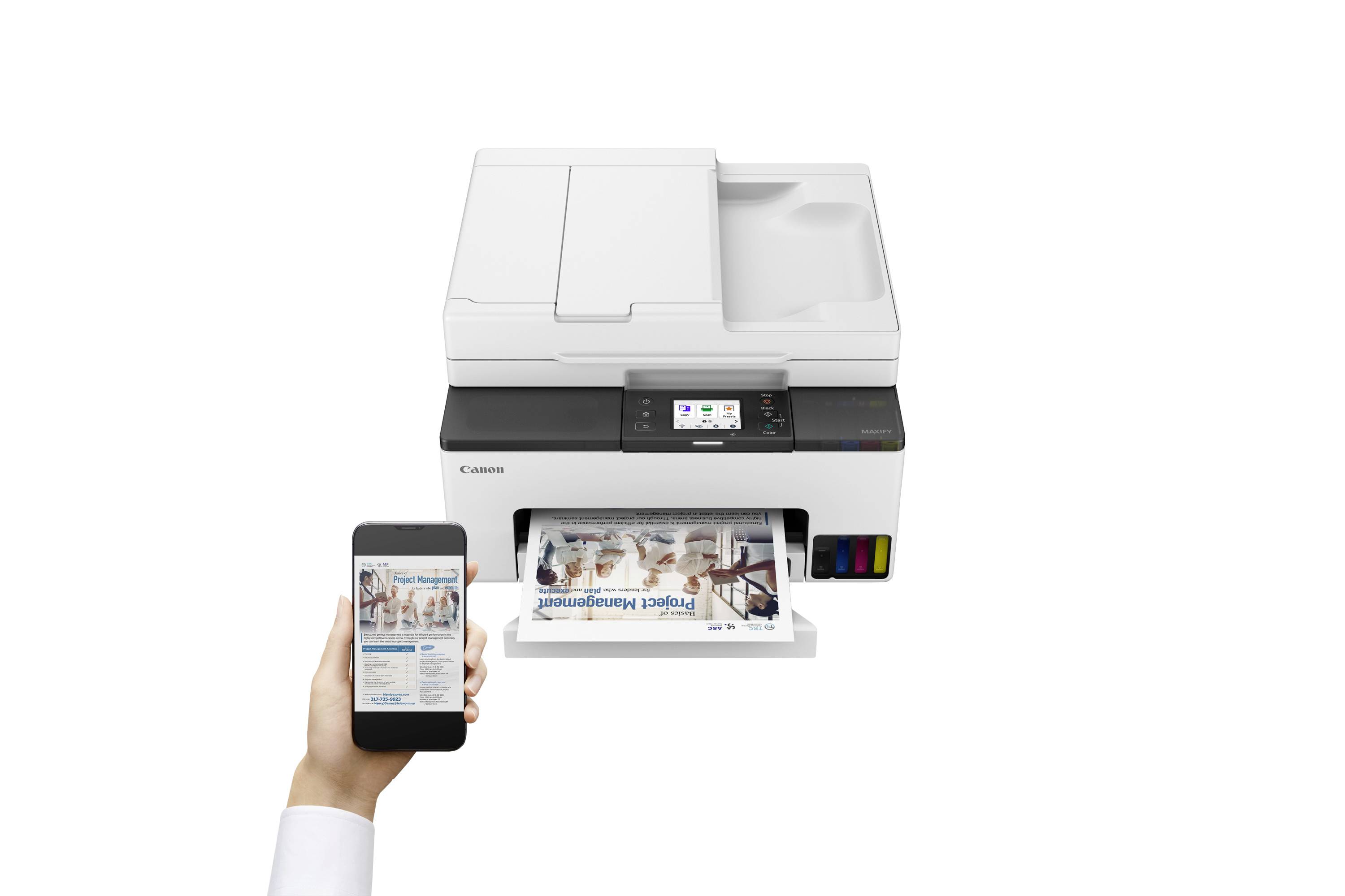 A person holds a smartphone displaying a document while a Canon printer prints a physical copy of the same document, demonstrating wireless printing.