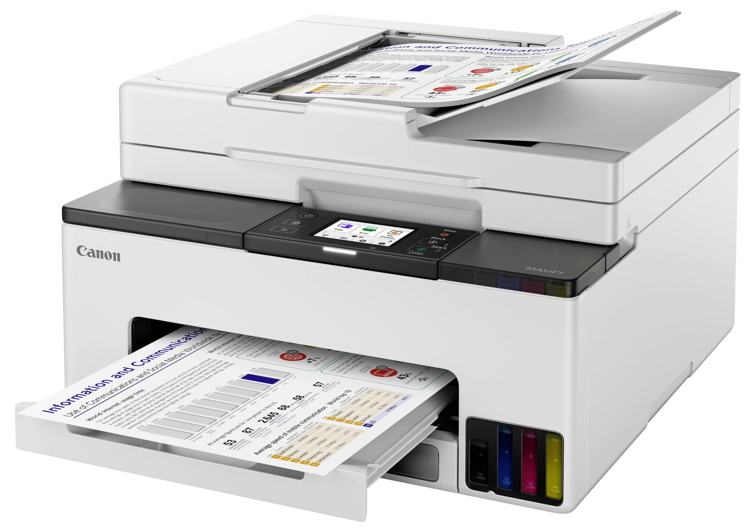 A multifunction printer on a white surface, with colored ink visible and papers being scanned and printed. The display screen shows options.