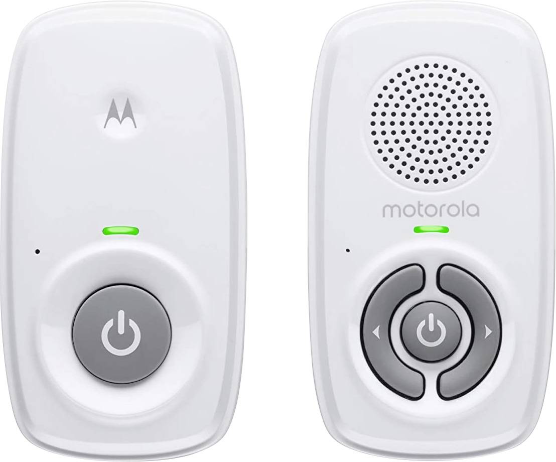 Two white intercom devices, each with front buttons and indicators, one featuring a speaker and navigation buttons. Both display the Motorola logo.