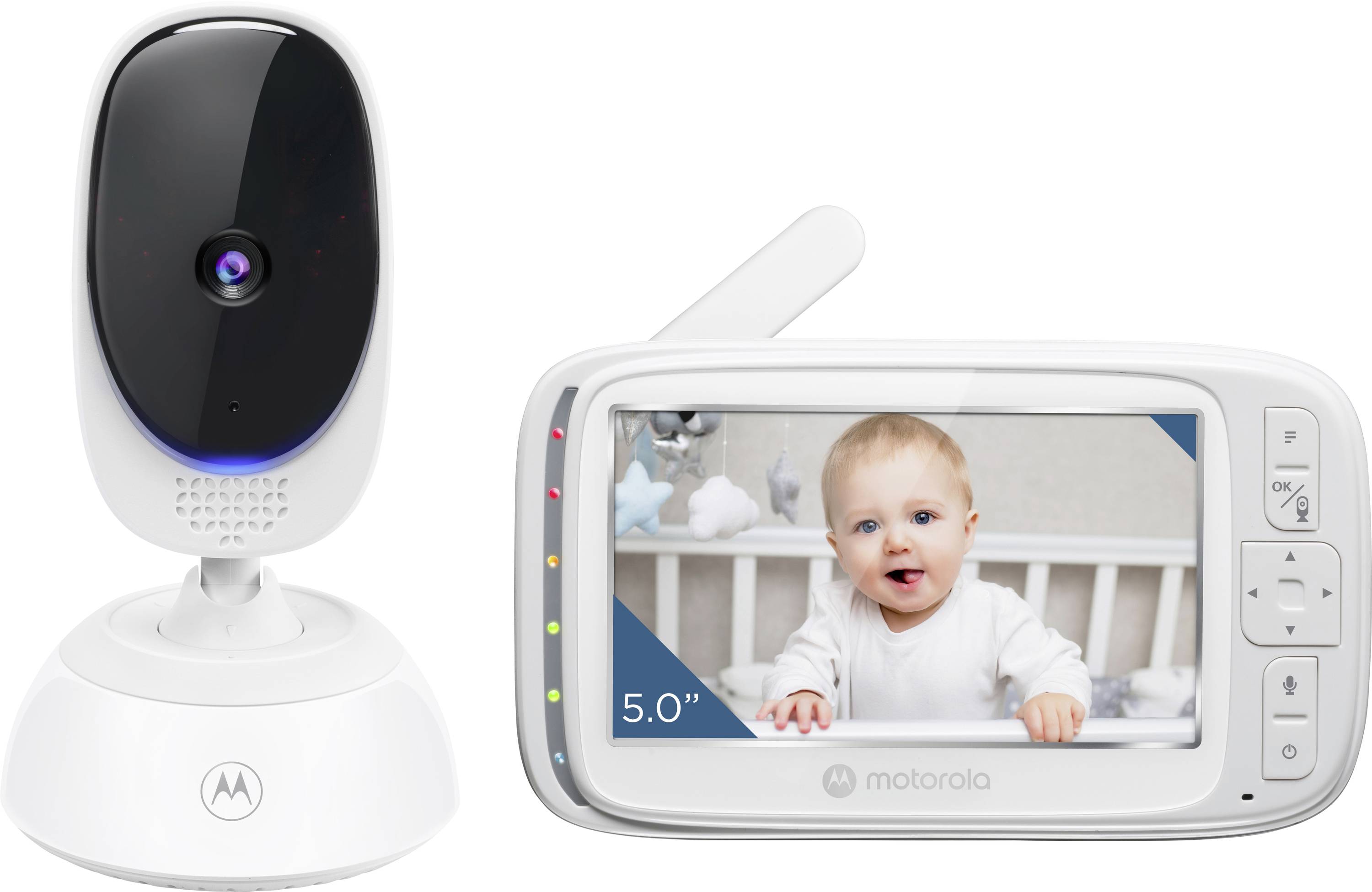 Baby monitor system displaying a video feed of a smiling baby in a crib. The camera and screen are shown side by side.
