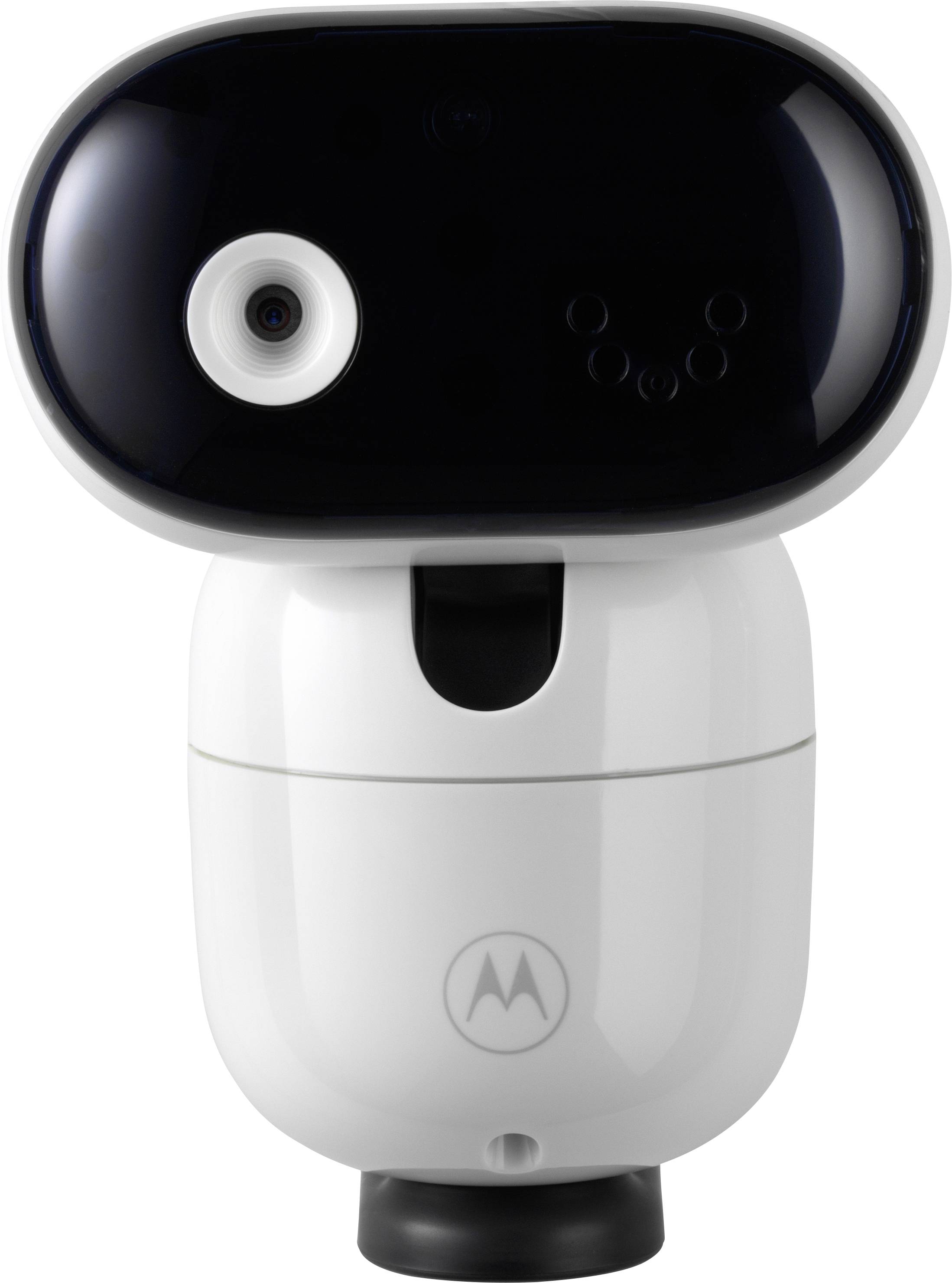 A white and black futuristic camera device with a lens and multiple sensors, standing upright.