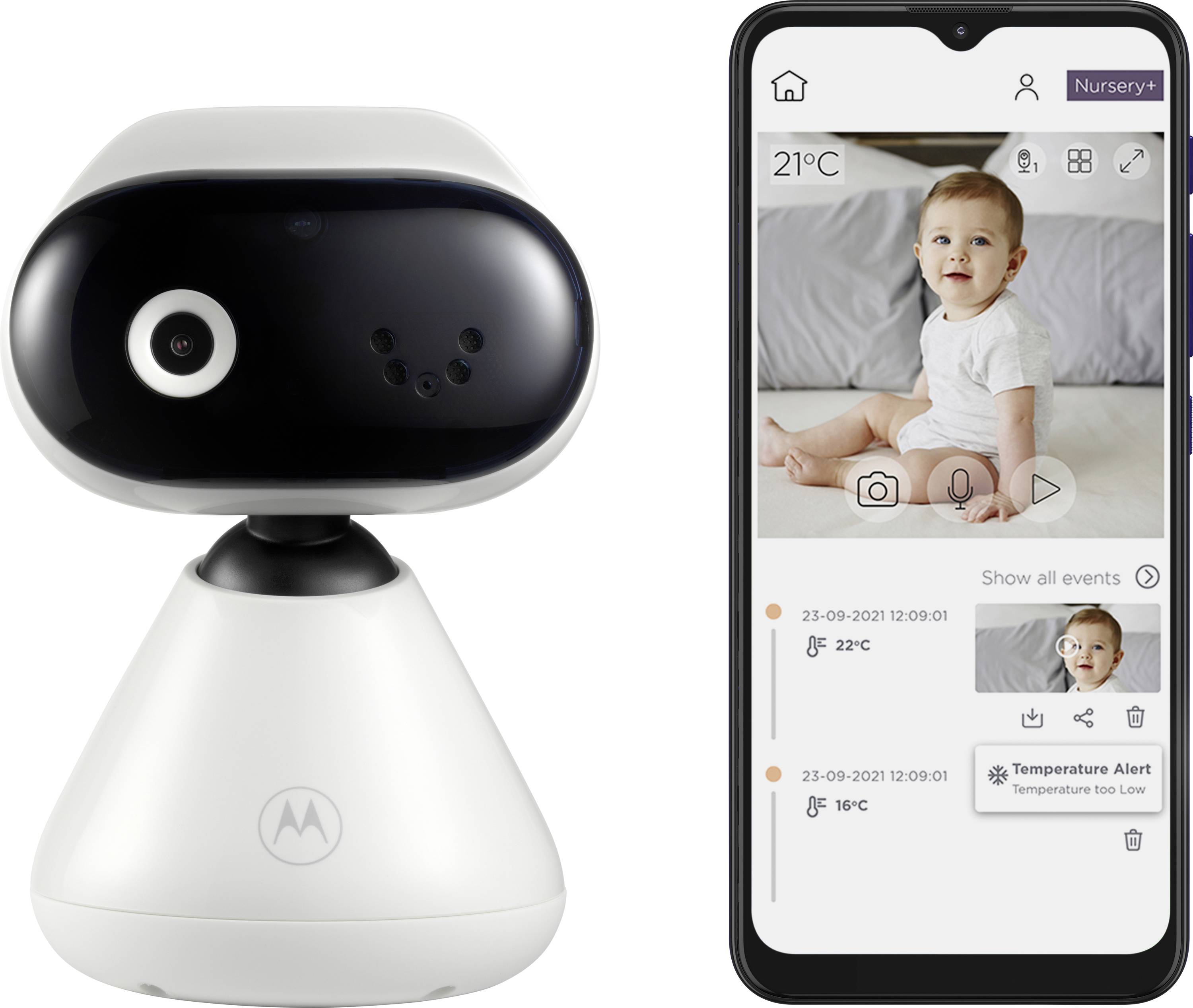 A smart baby monitor next to a smartphone displaying a baby on the screen with temperature alerts and controls for monitoring and interaction.