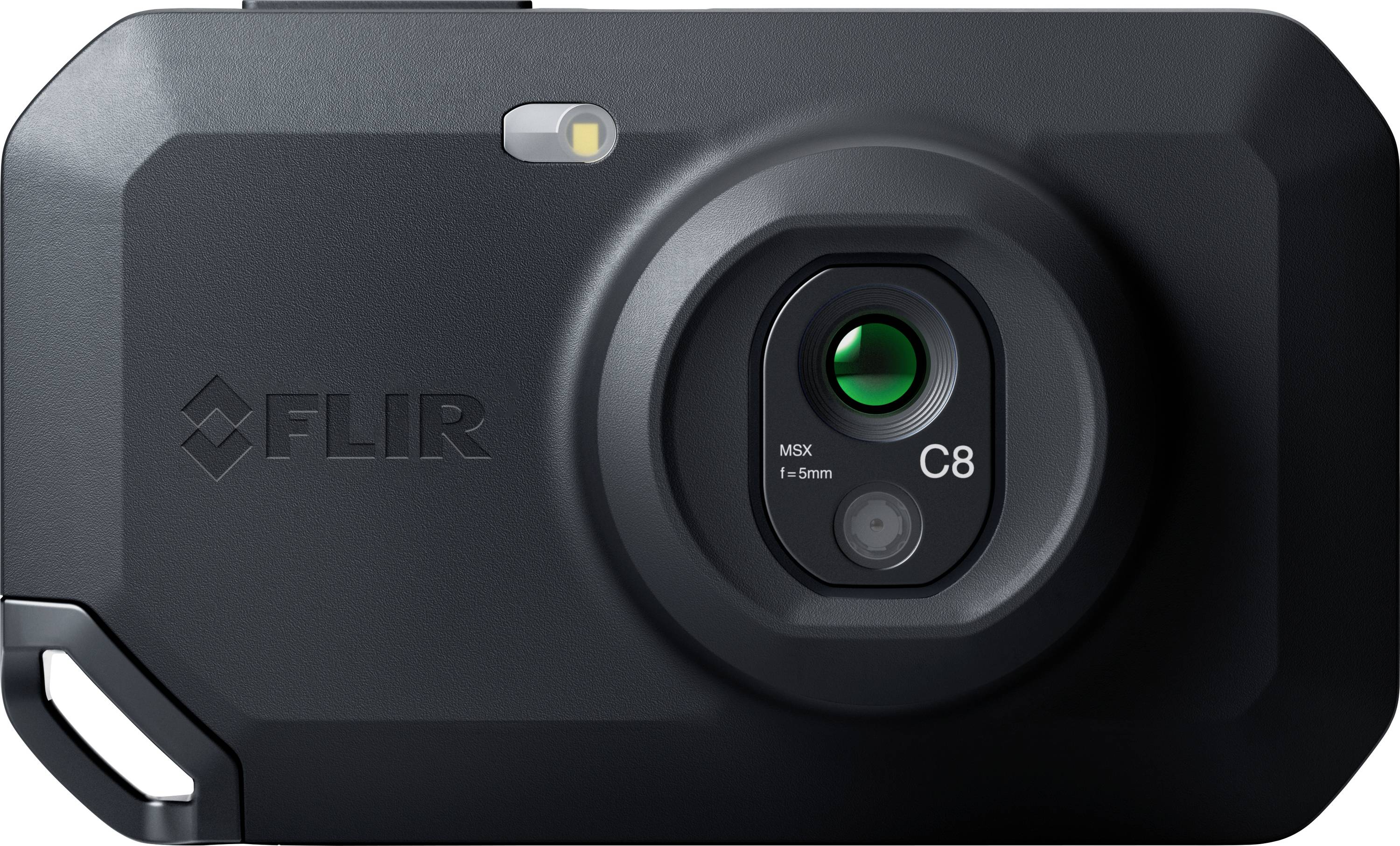 A black thermal camera with the brand name 'FLIR' engraved, featuring a central lens marked 'C8' and '1-6mm.'