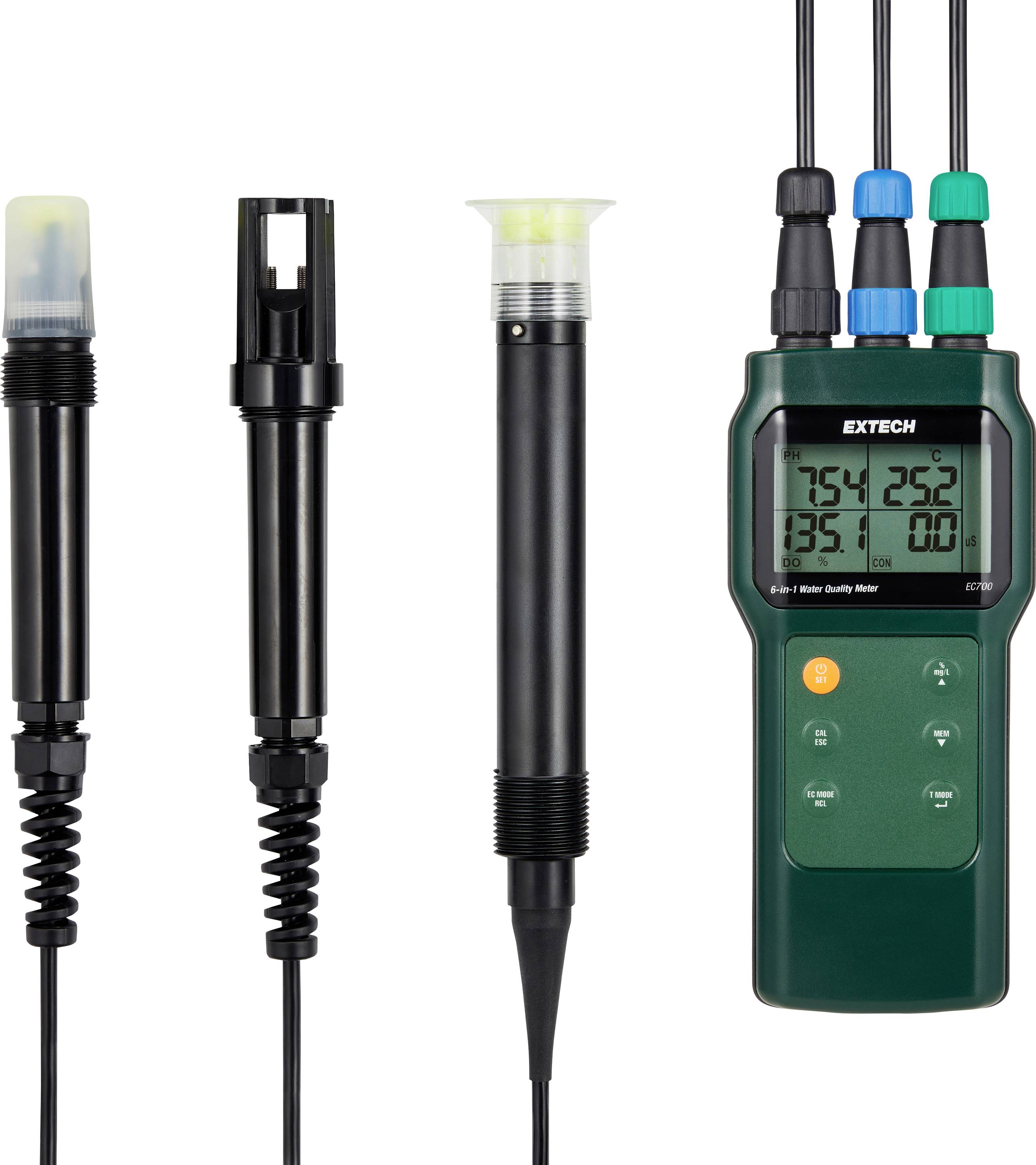A digital water quality meter with three probes attached, displaying readings for pH, conductivity, and TDS.