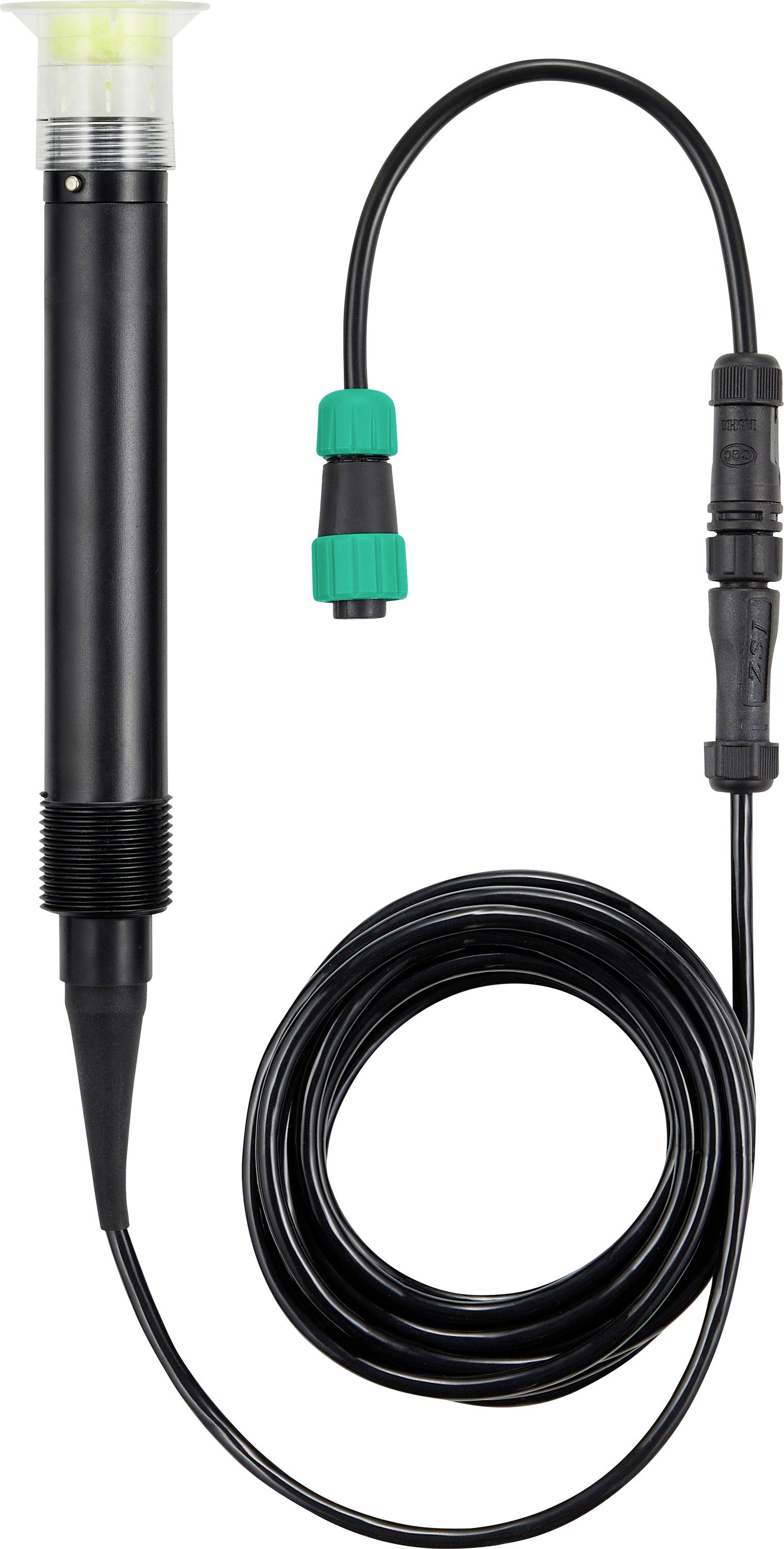 A long, black, cylindrical PCO2 sensor with a pointed tip, attached to a coiled cable with green and black connectors.