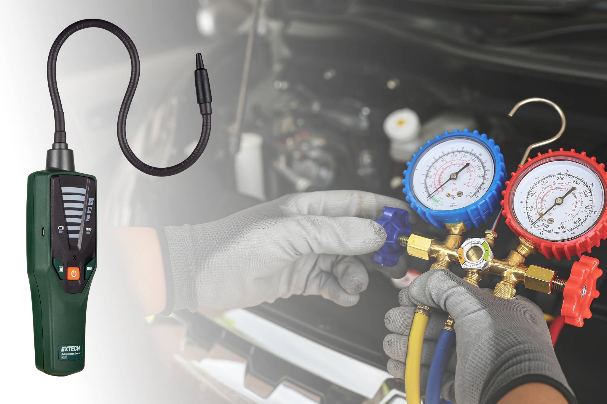 'Automotive technician's hands adjust gauges on AC manifold, checking pressure levels. Leak detector tool displayed on left.'