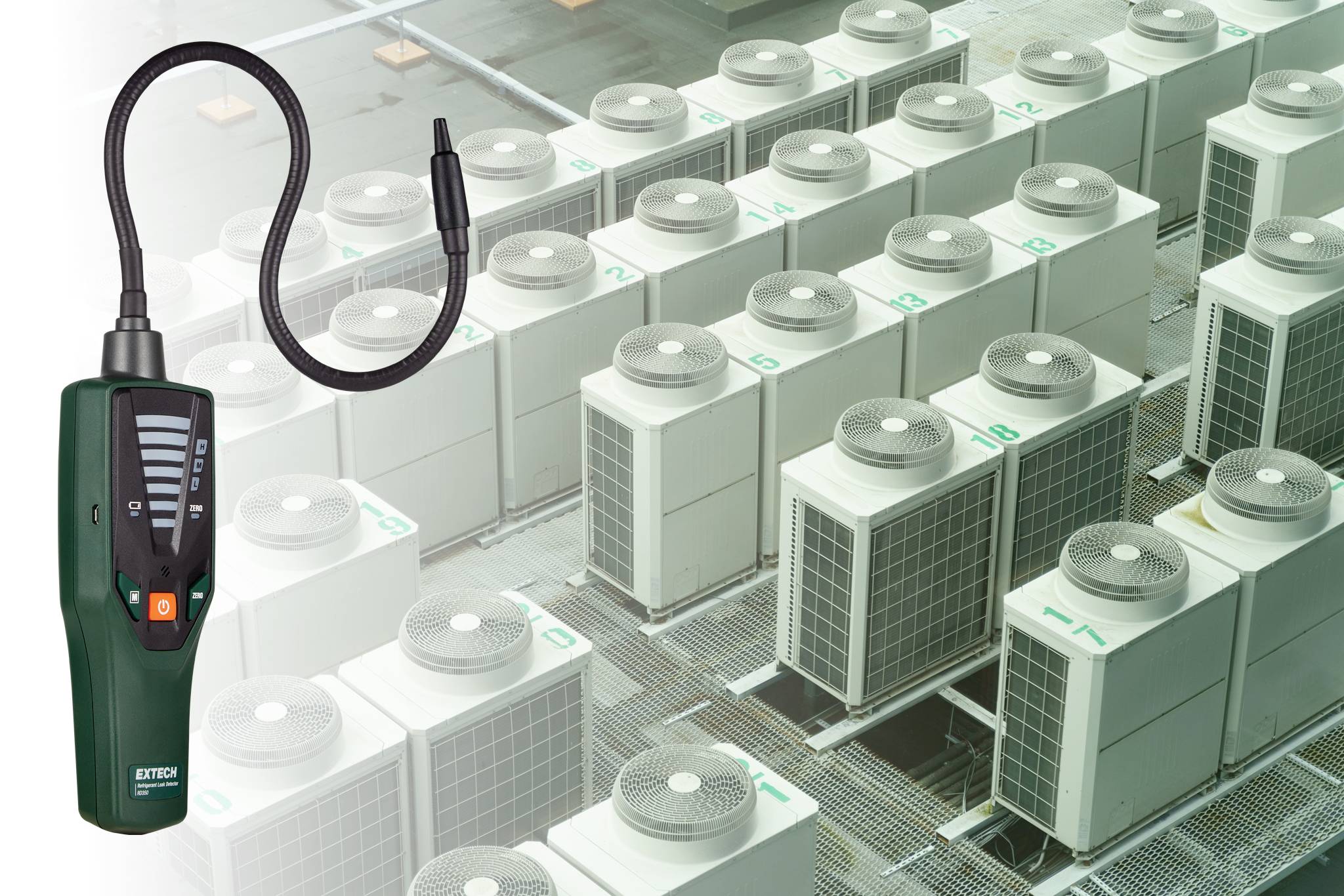 A refrigerant gas leak detector tool is displayed on the left, with industrial air conditioning units shown in rows on the right.