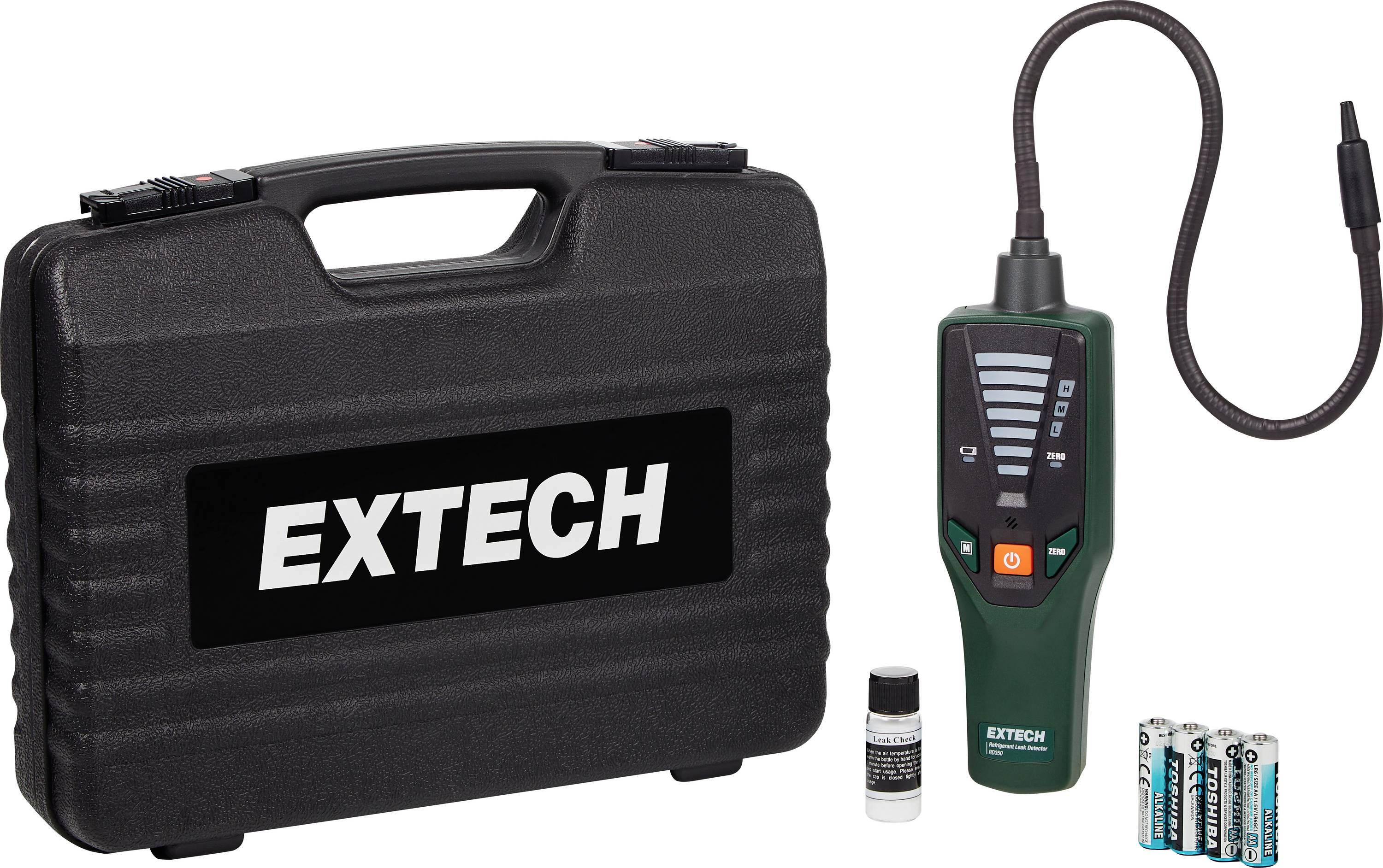 Portable gas detector with flexible probe, displayed with a black carrying case labeled 'Extech', a small manual, and four batteries.