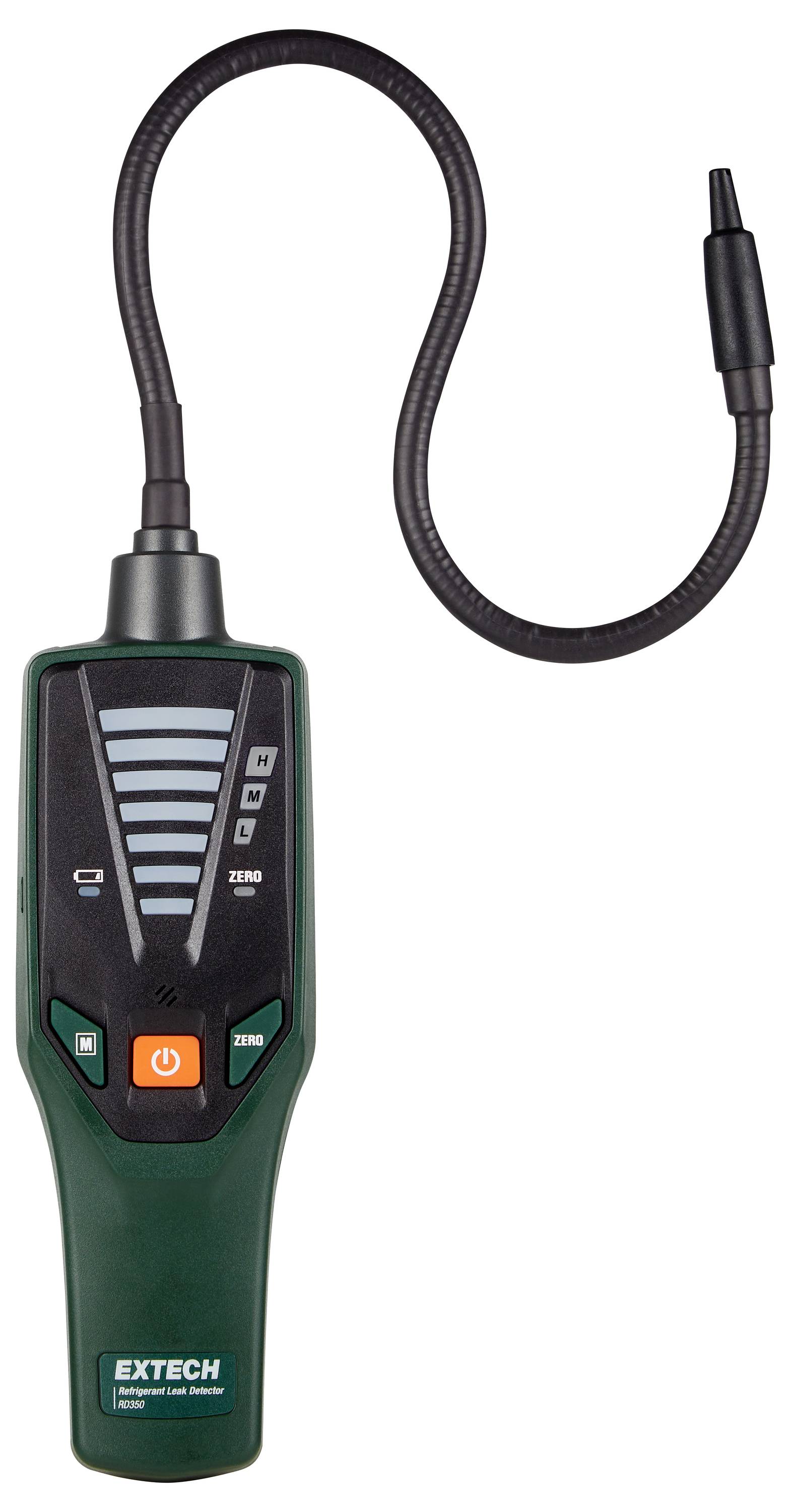 A handheld gas detector with a flexible probe and control buttons, used for detecting gas leaks, shown against a plain background.