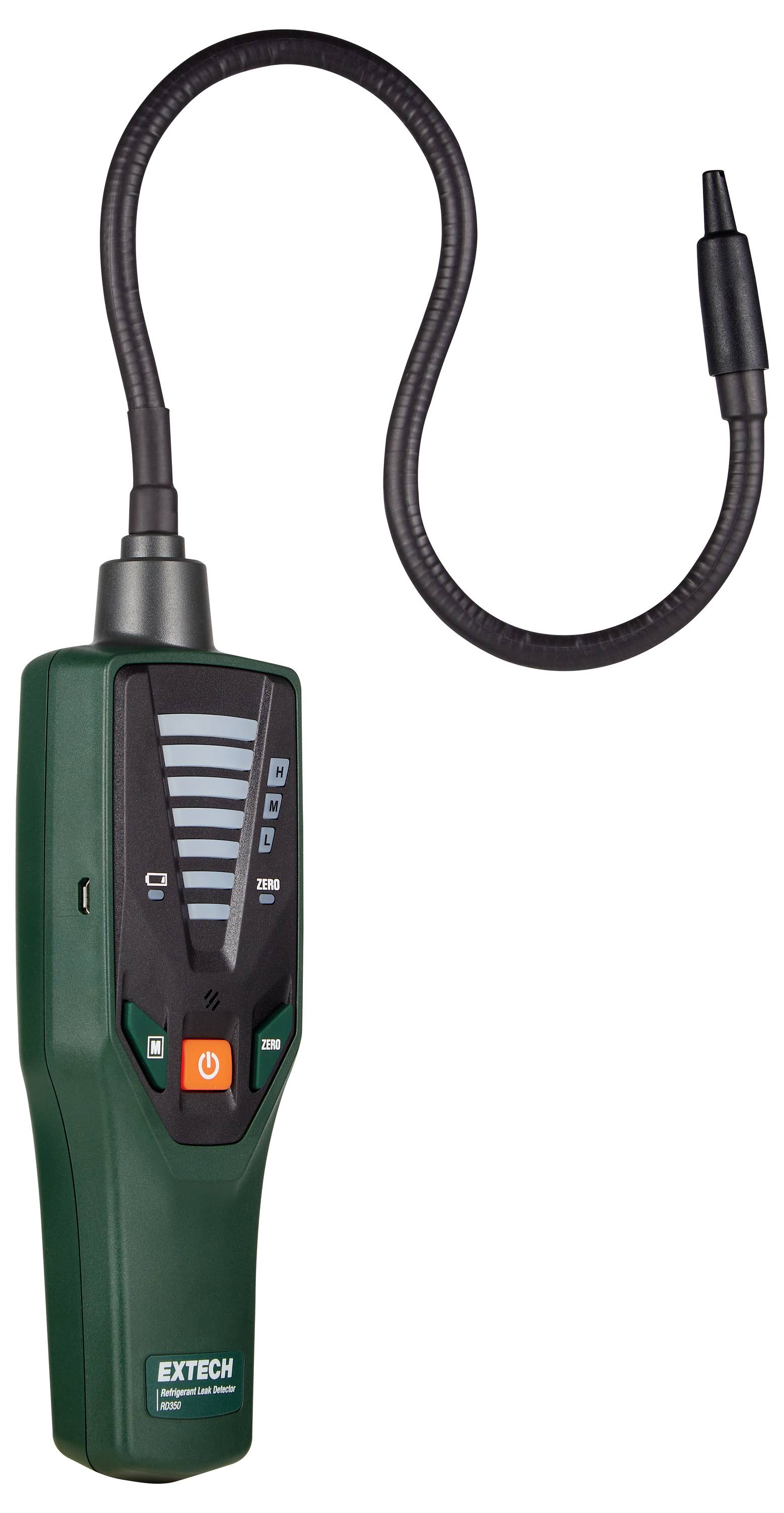 Gas leak detector with a flexible probe, digital display, mode buttons, and on/off switch for detecting gases.