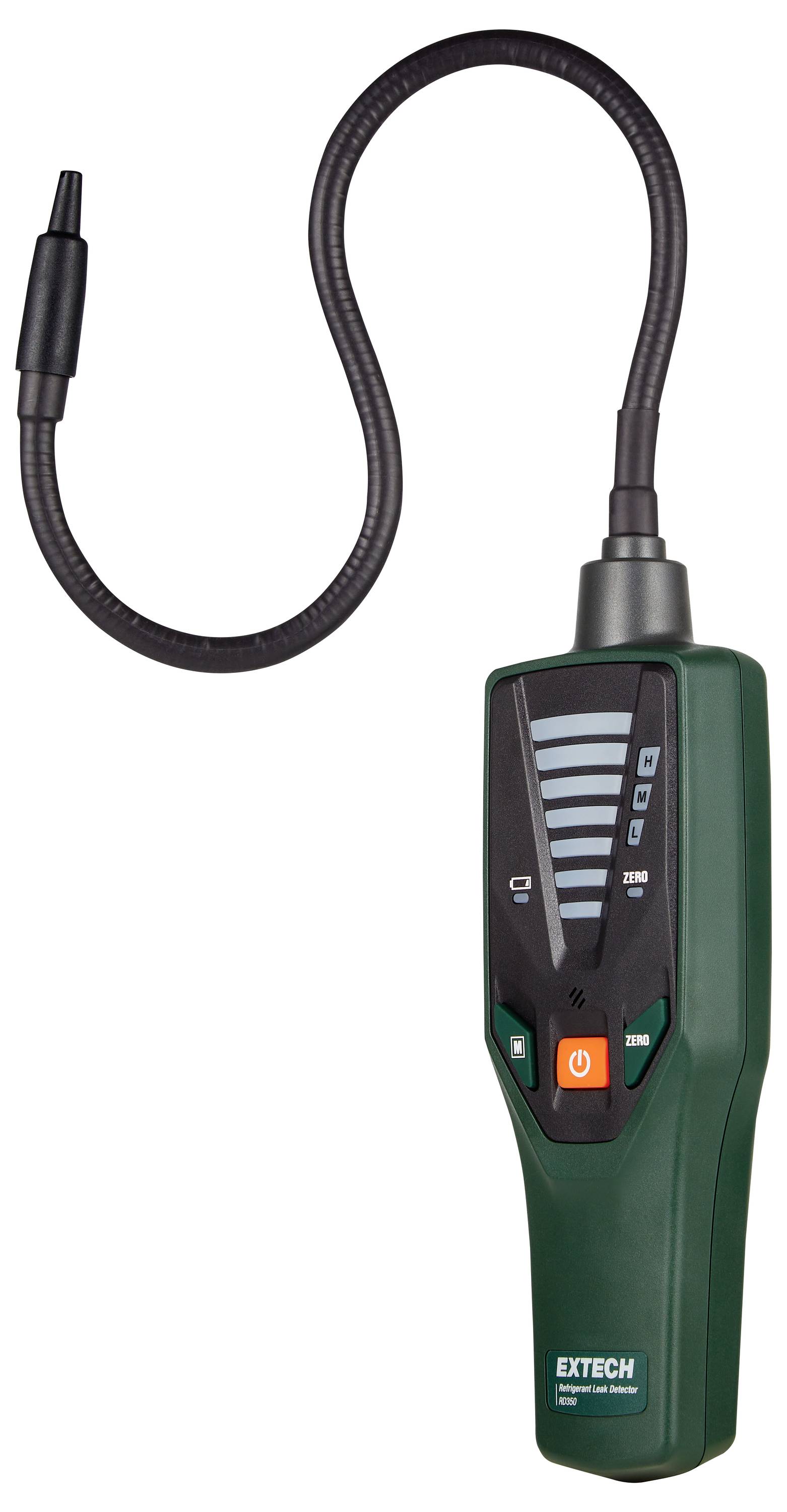 A handheld gas detector with a flexible probe, featuring an on/off switch, sensitivity buttons, and indicator lights for detecting leaks.