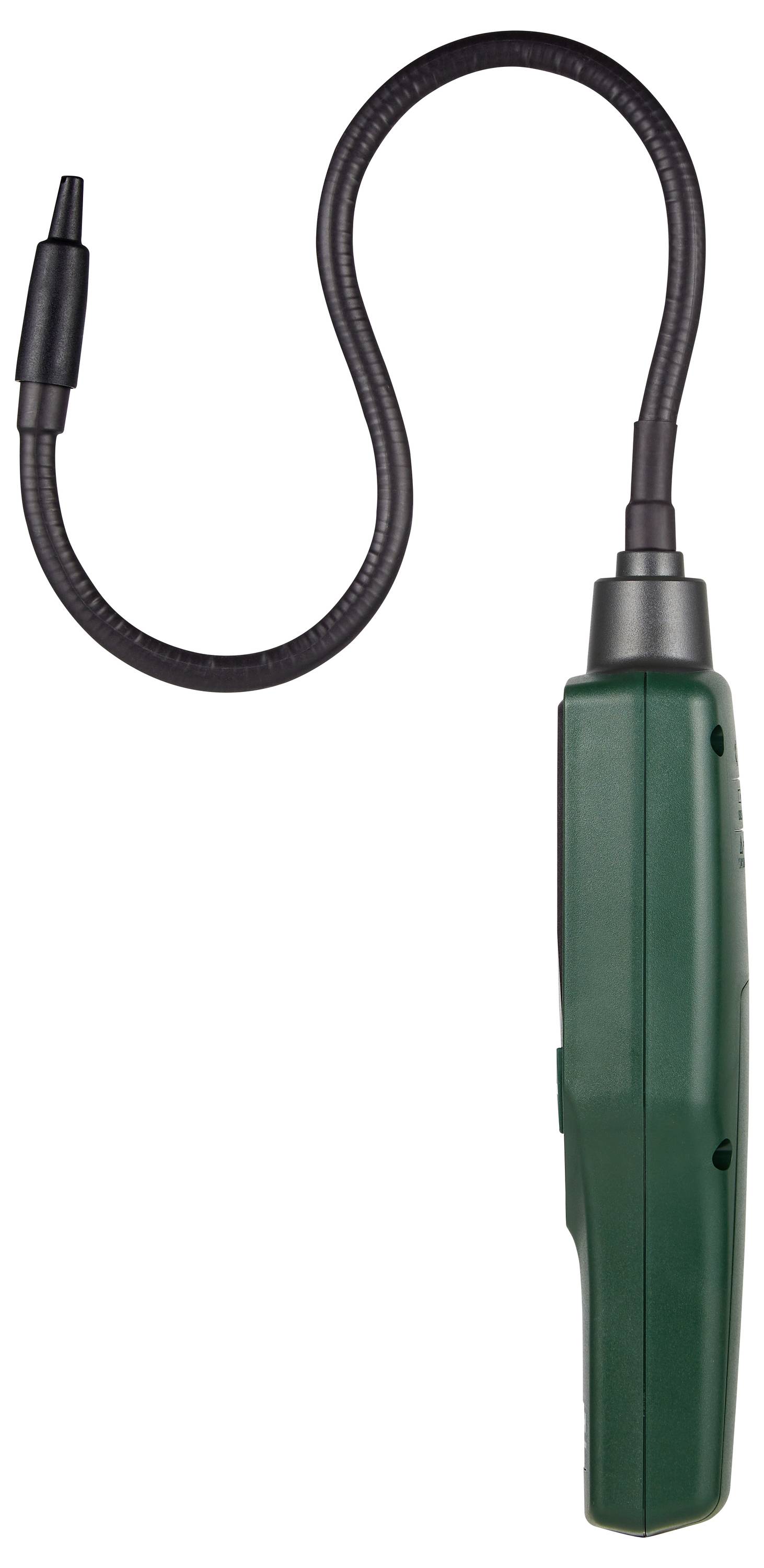 A green handheld gas leak detector with a flexible probe designed to detect flammable gases.