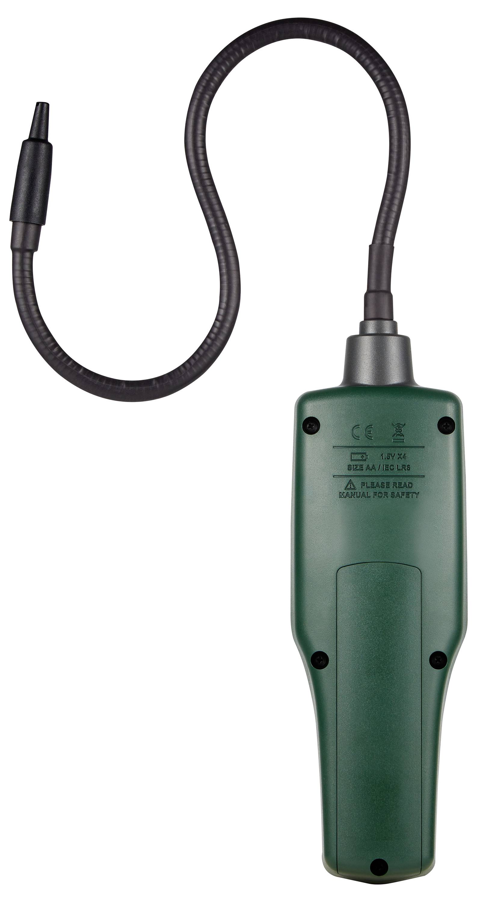 A green handheld electronic gas leak detector with a flexible probe, designed for identifying gas leaks in various environments.