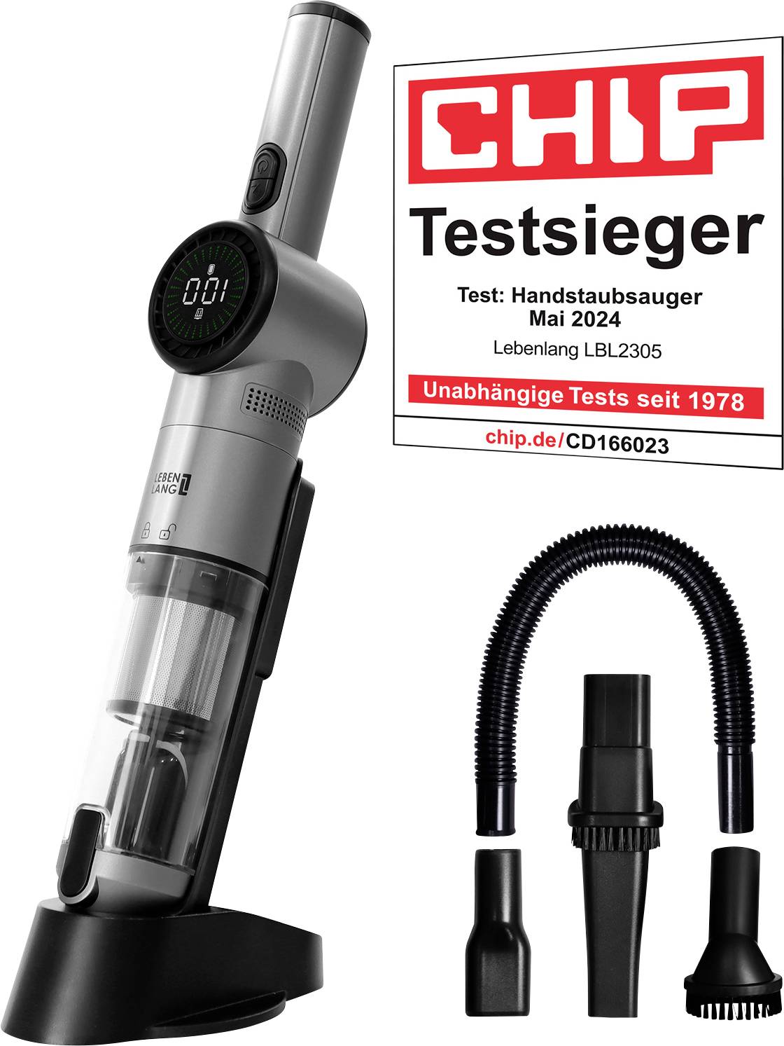 Handheld vacuum cleaner with digital display and accessories. Awarded 'Testsieger' in May 2024 by CHIP for model Lebendig LBL2305.