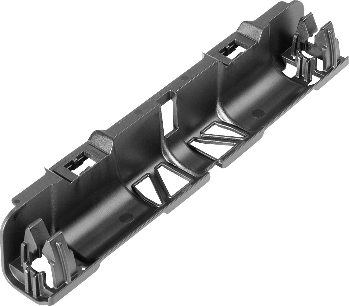A black plastic automotive part with mounting brackets and vent-like openings. It appears to be a component for securing or attaching in a vehicle.