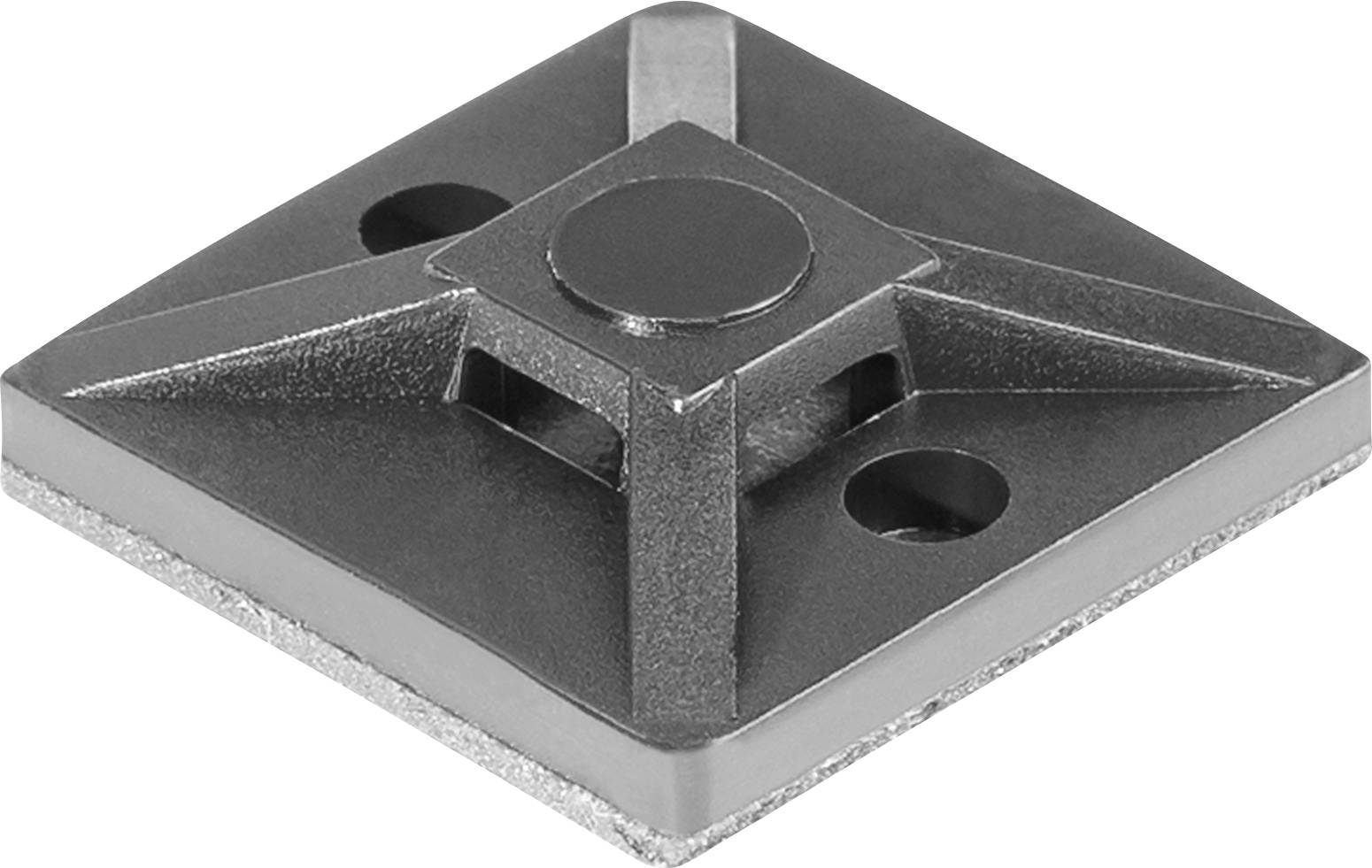 A square metal mounting bracket with a raised circular center and two holes for screws, used for securing objects to a flat surface.