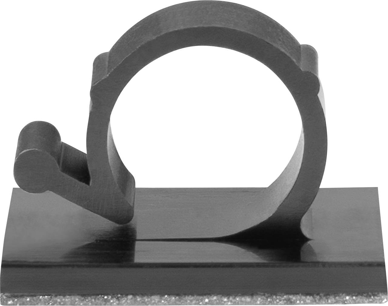 A black metal clamp on a rectangular base with a textured bottom, resembling a large paper clip or holder, possibly for organization or mounting.
