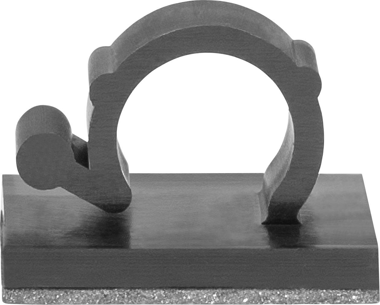 Metallic clamp mounted on a rectangular base, viewed from the side with a circular opening and a protruding handle on the left.