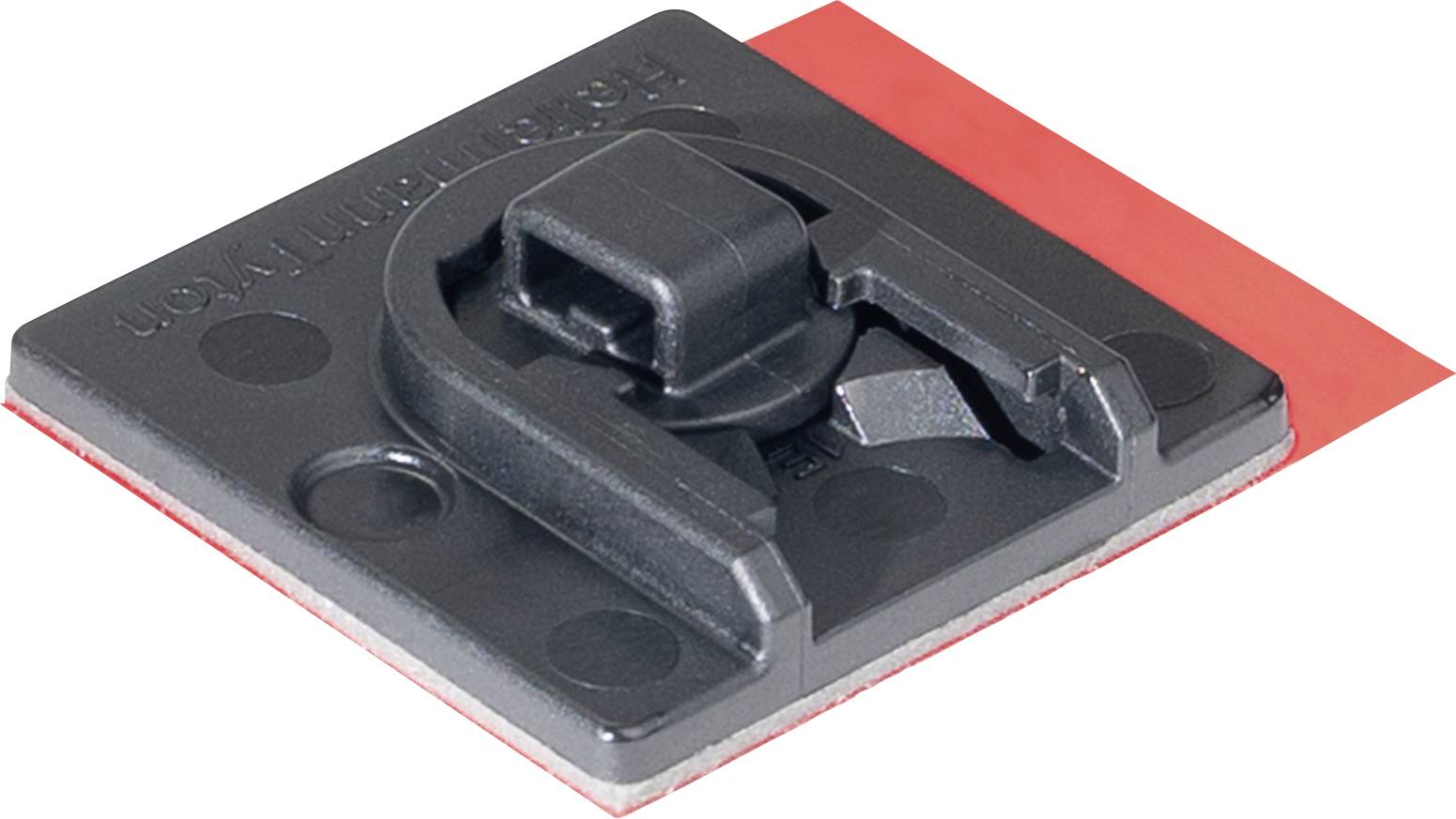 A black adhesive cable mount with a square base and a clipping mechanism on a white background.