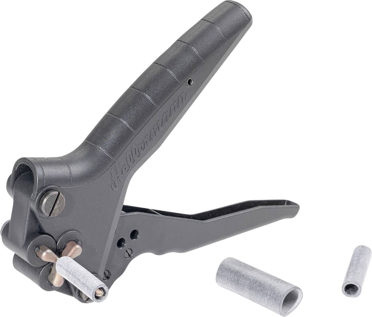 A crimping tool alongside aluminum tube connectors, used for securing wire connections, with a black handle and metal components.