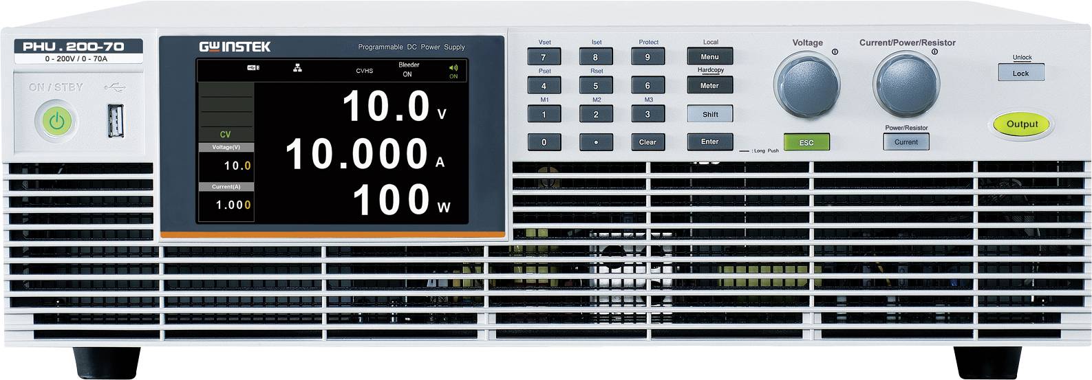 GW Instek power supply with digital display showing voltage, current, and power output. Large control knobs and several buttons present.