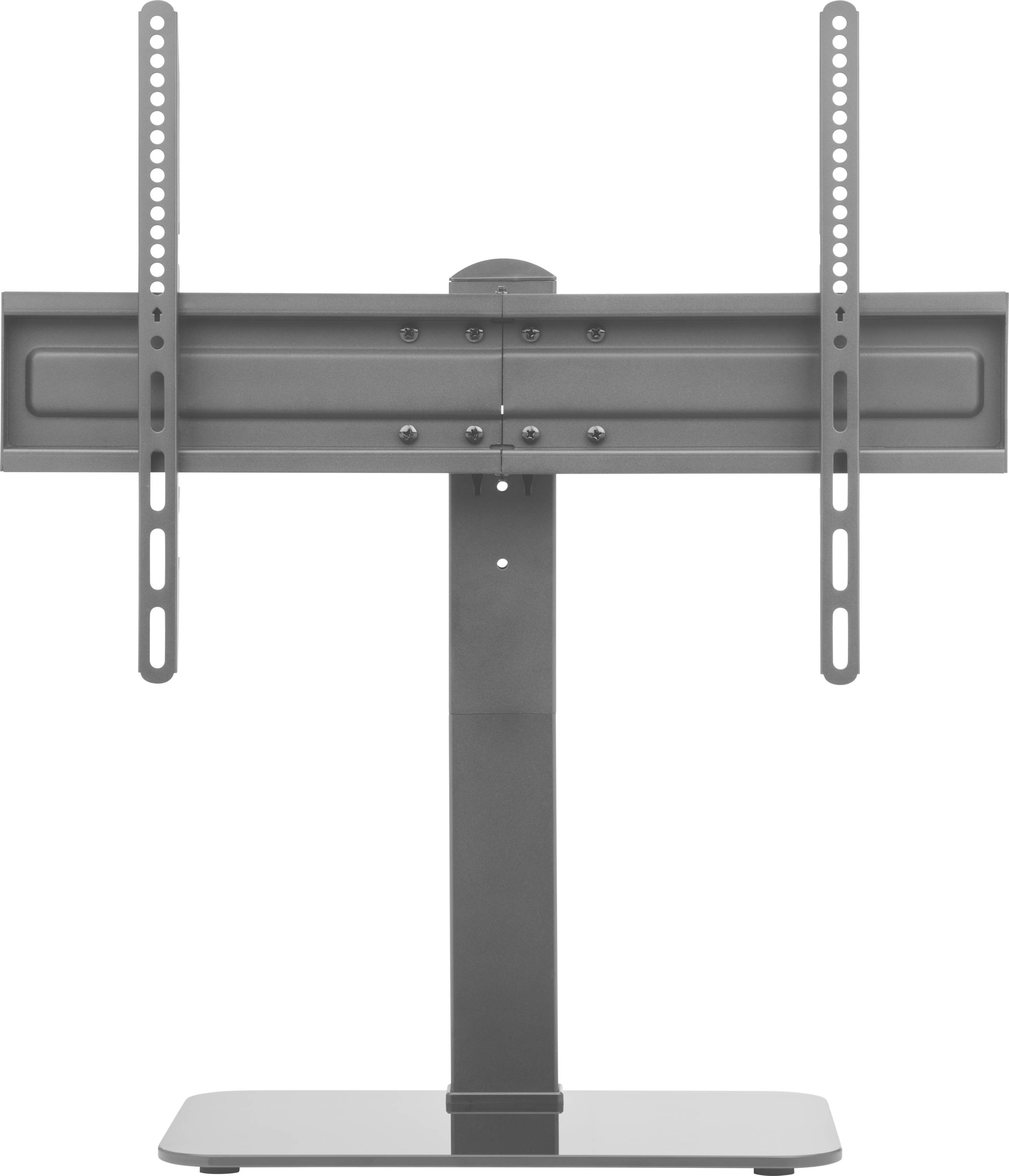 A TV mounting stand with a wide, flat base, vertical support, and adjustable brackets for securely attaching a television screen.