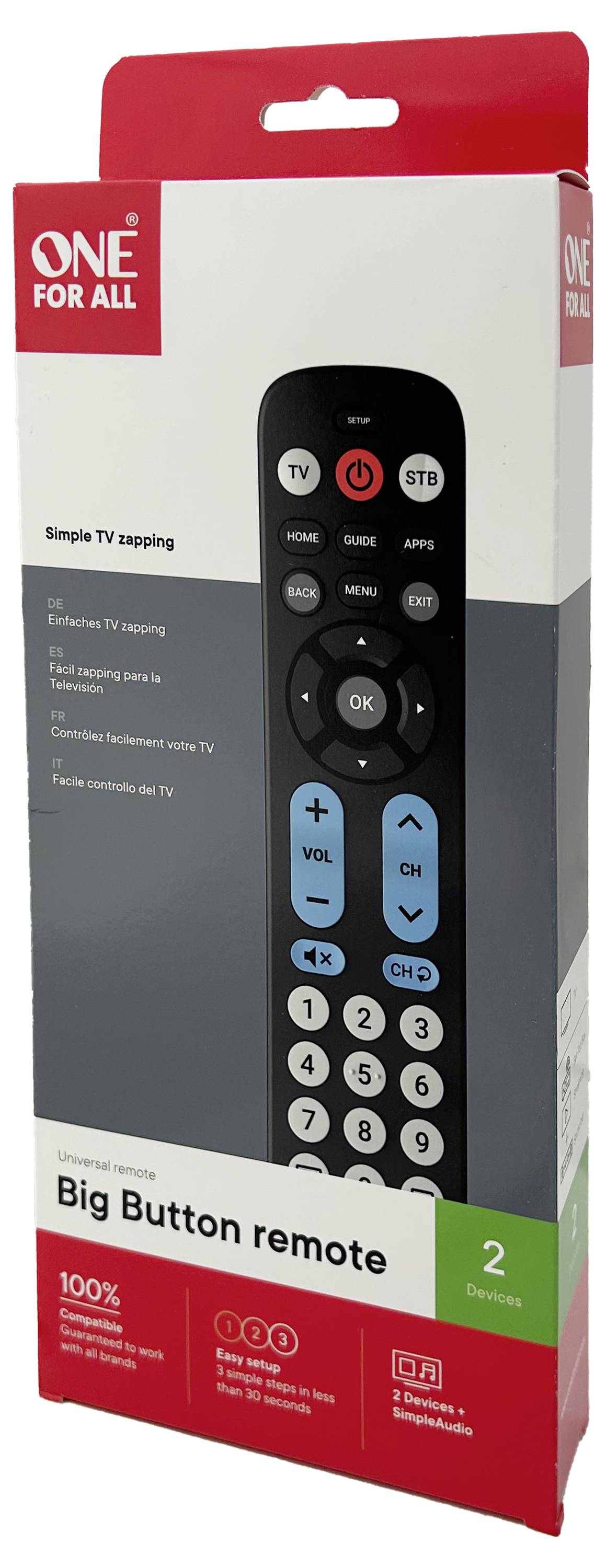 A box for a 'One For All Big Button remote' with simple TV zapping features and two devices control; displays remote image and key functions.
