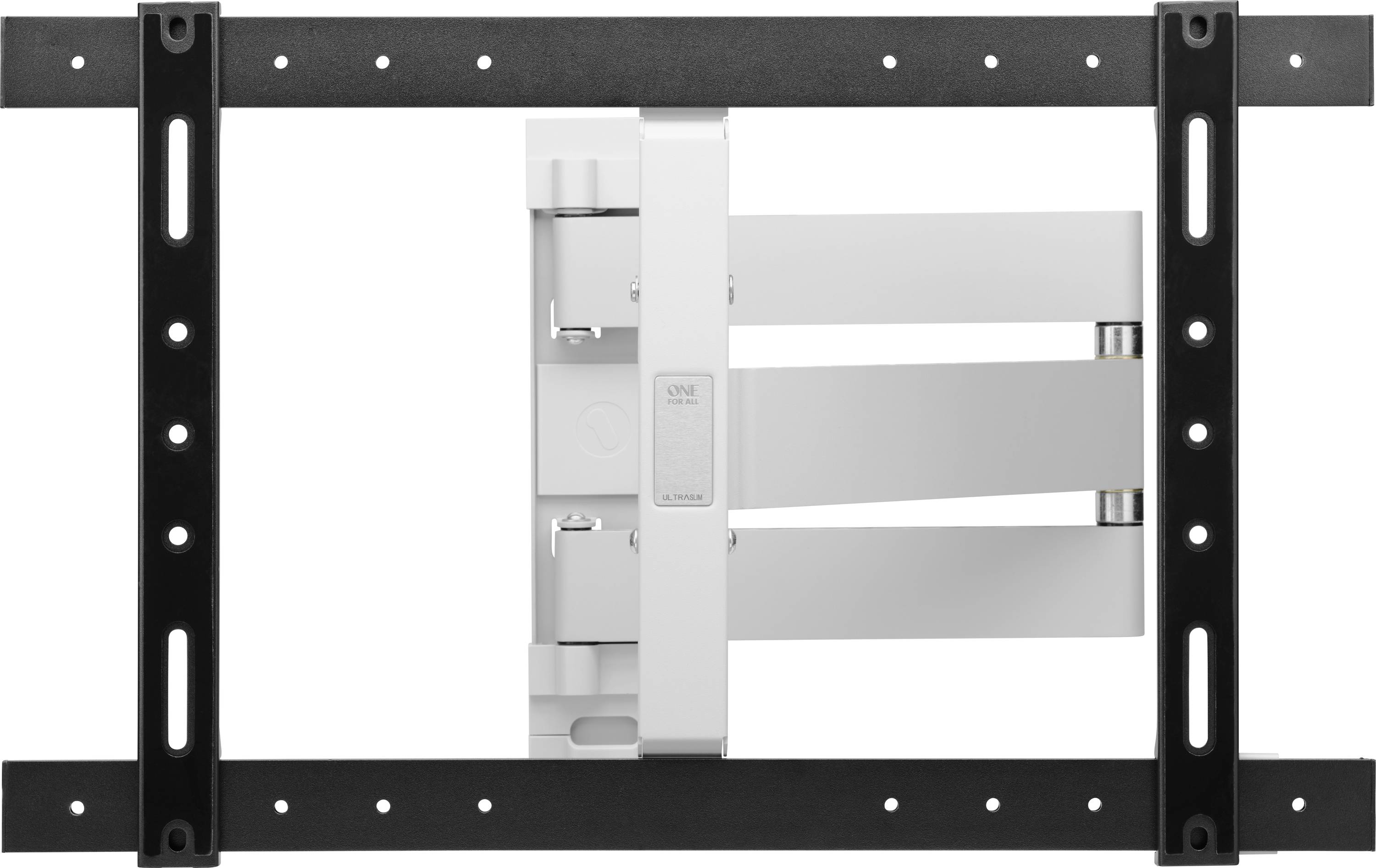 A black adjustable TV wall mount bracket with multiple holes for screws, shown in a neutral background.