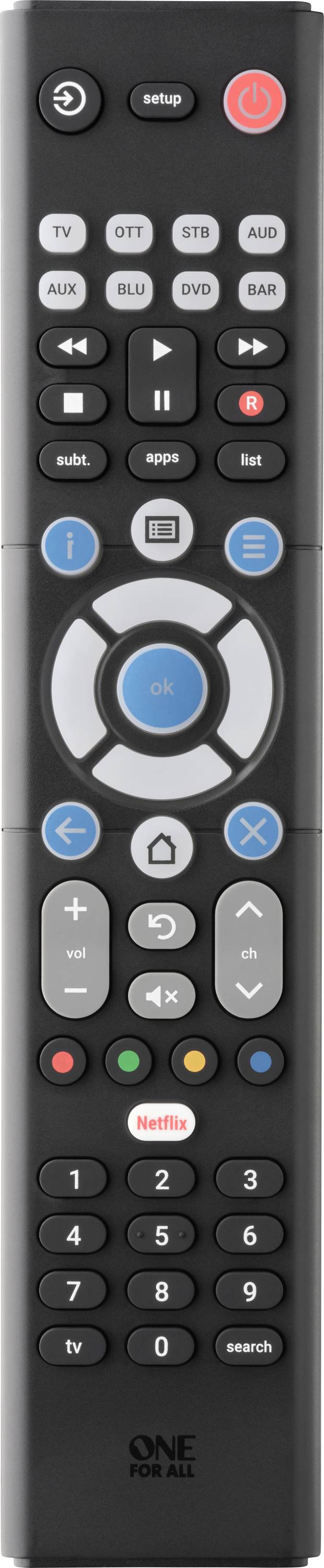 A black universal remote control with buttons for power, numeric keypad, volume, channel navigation, and media functions including Netflix.