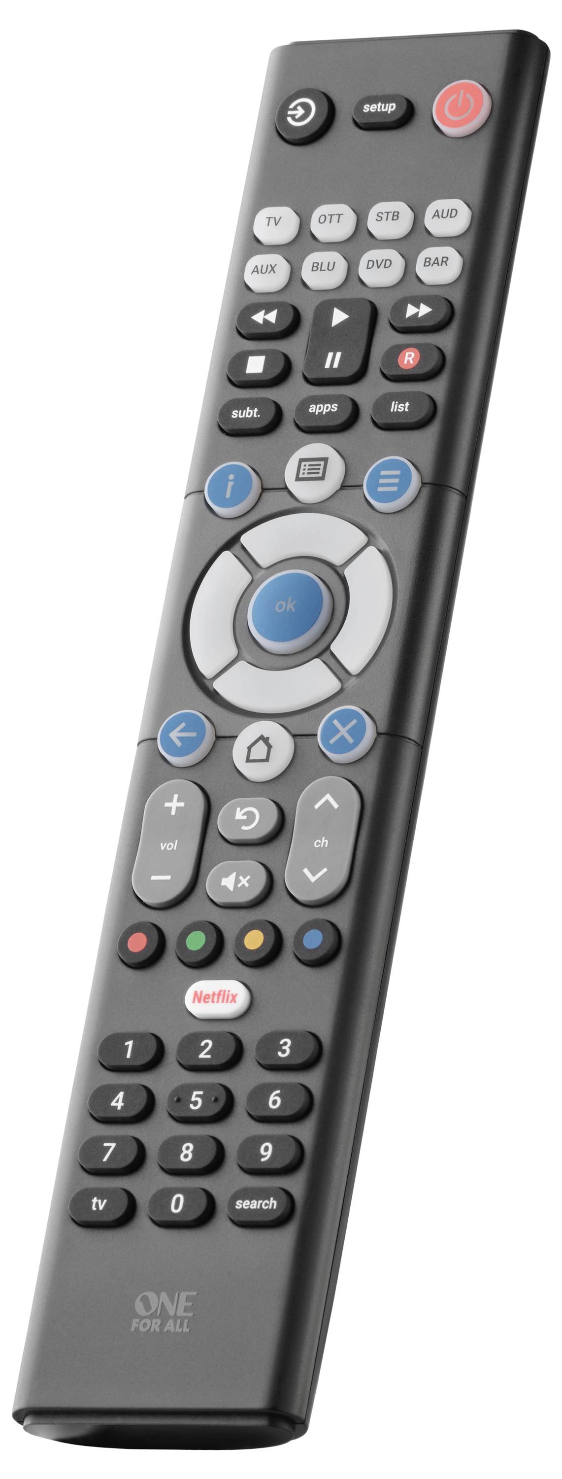 A universal remote control with multiple buttons, including power, volume, and channel functions. Designed for controlling various devices.