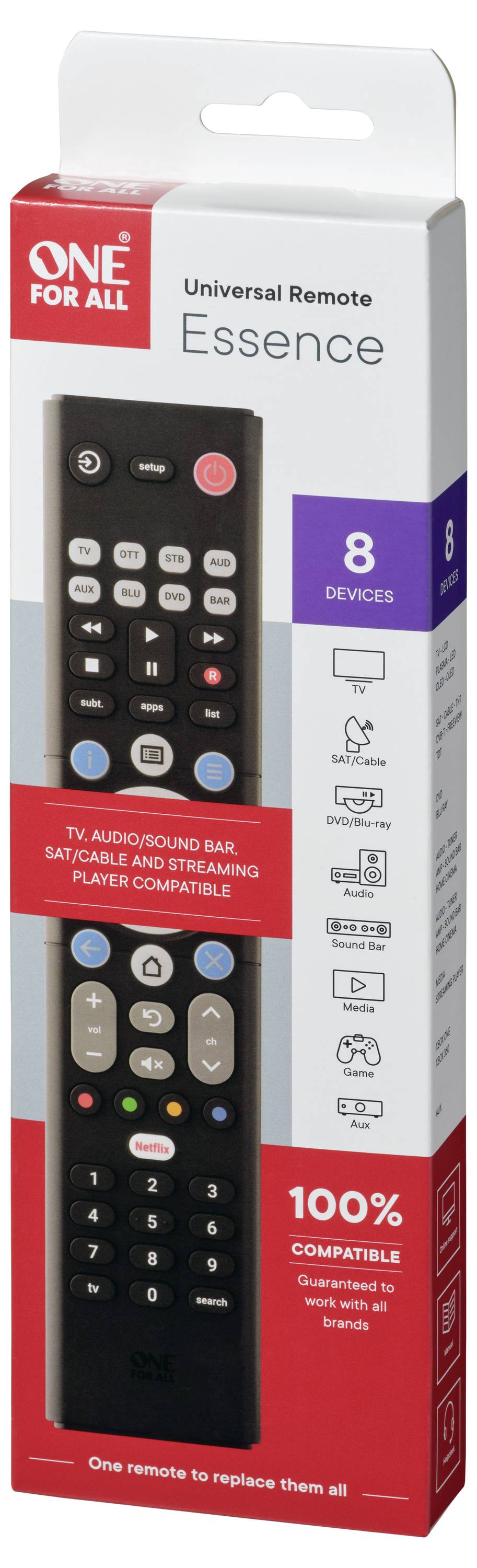Universal remote control packaging, labeled 'One For All Essence'. Compatible with 8 devices: TV, Audio, Sound Bar, and Streaming Player.