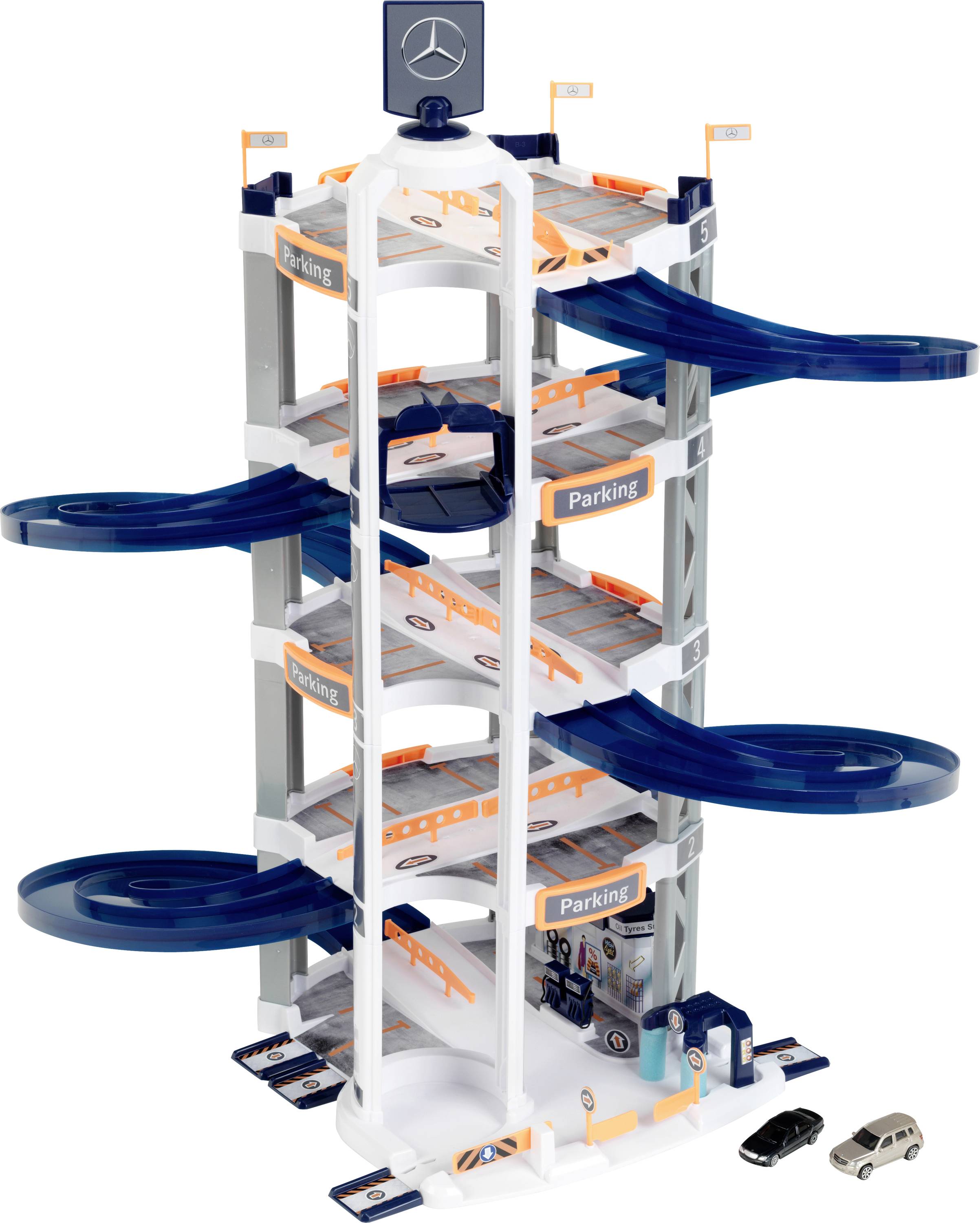 Theo Klein 3972 Mercedes-Benz multi-story car park with 5 levels I Stable parking garage with double ramp, 2 racing cars, etc.