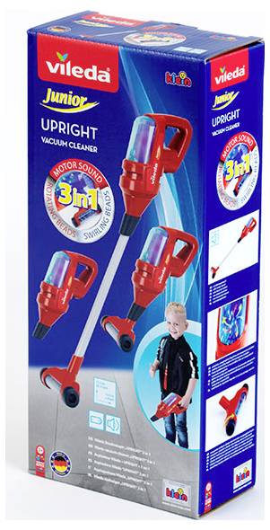 Box packaging for a toy 'Vileda Junior Upright Vacuum Cleaner' with images of the toy, a child playing, and features label '3 in 1'.