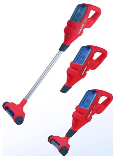 Three red stick vacuums in varying configurations, showcasing versatility and adaptability; all feature a long handle and blue accents.