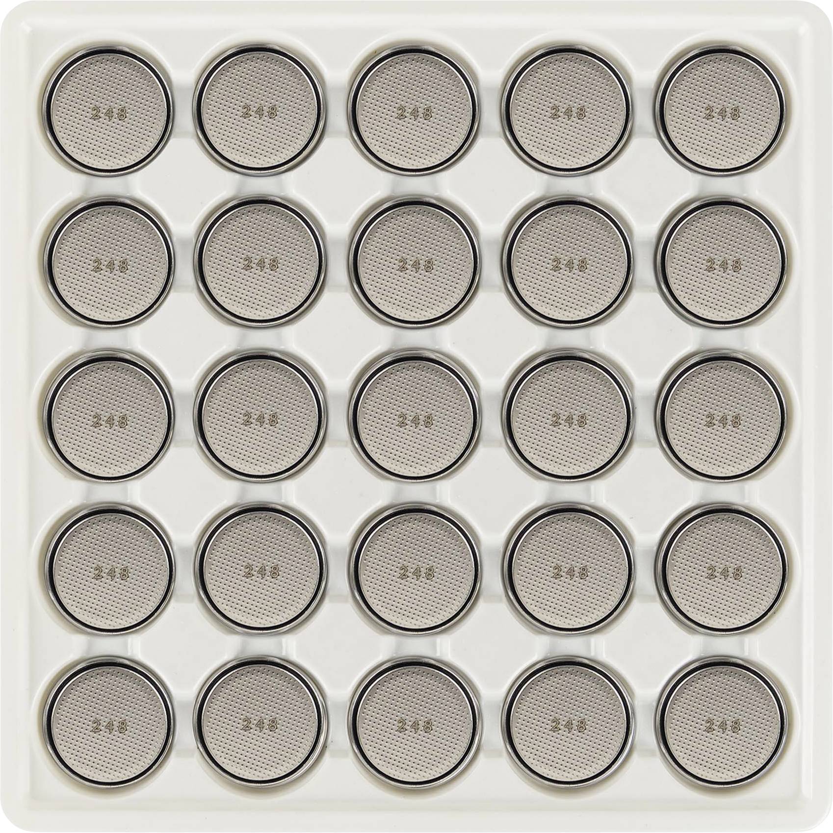 A pack of 24 small, round batteries arranged in a 6x4 grid, each with printed characters on top.