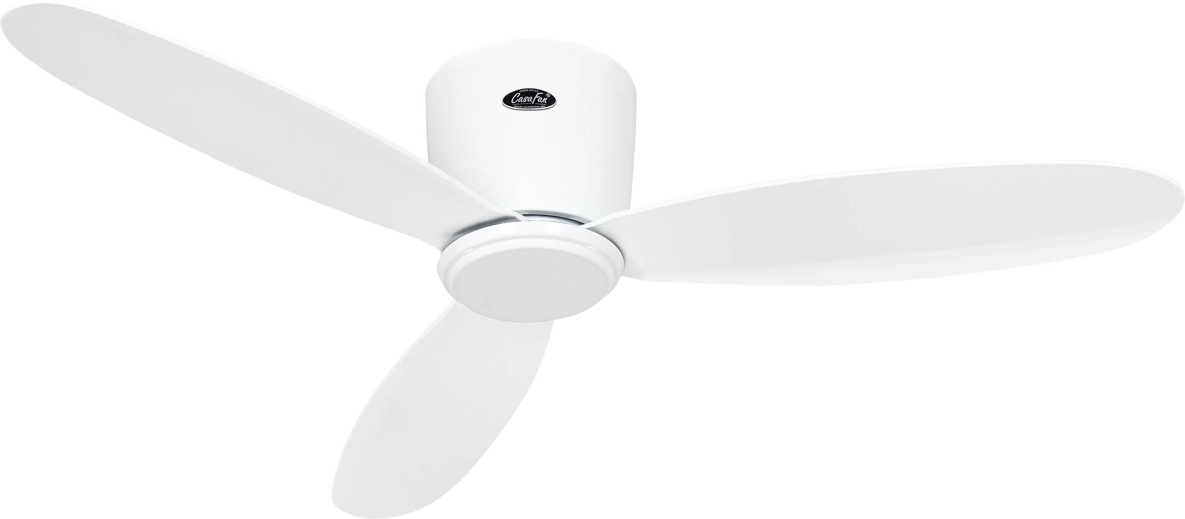 A white ceiling fan with three blades, mounted on a flat ceiling.
