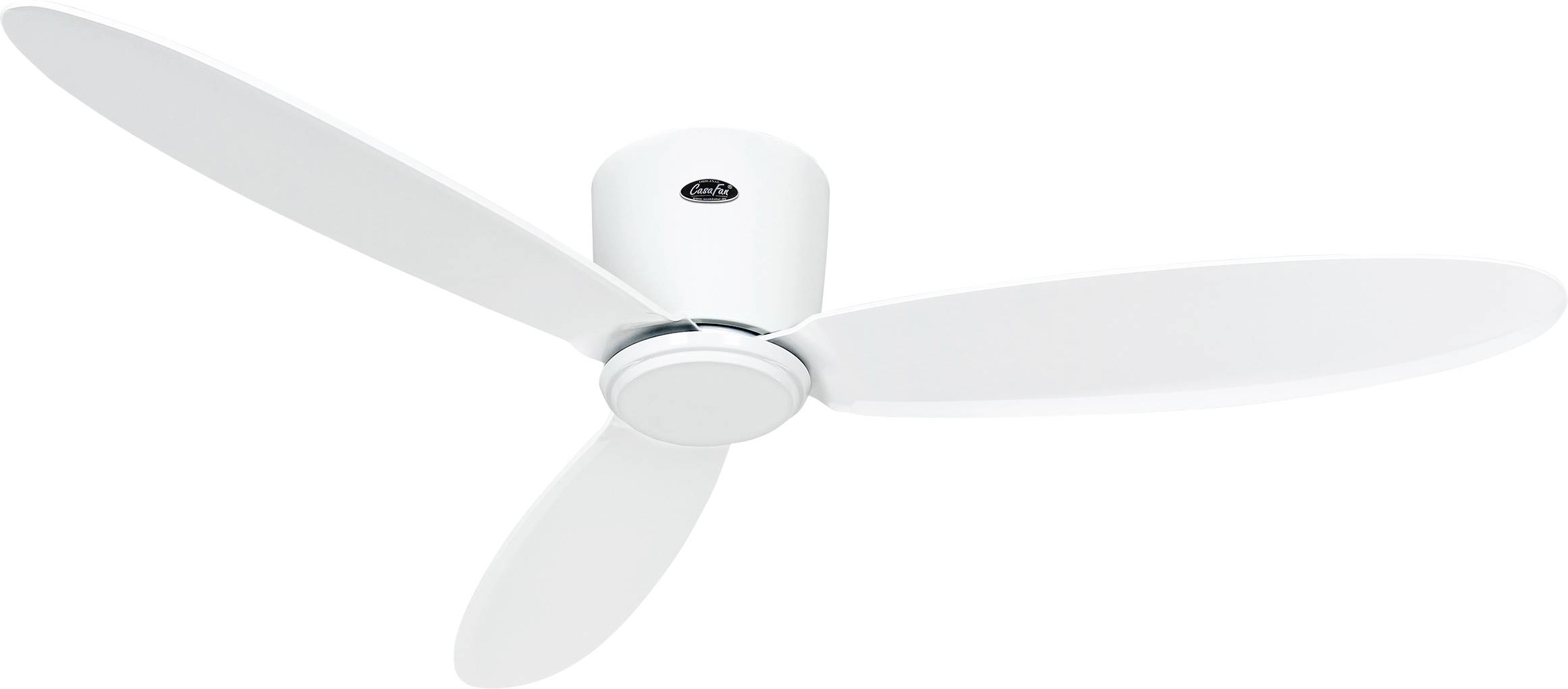 A white three-blade ceiling fan mounted on the ceiling, showing a modern design with a simple, sleek appearance.