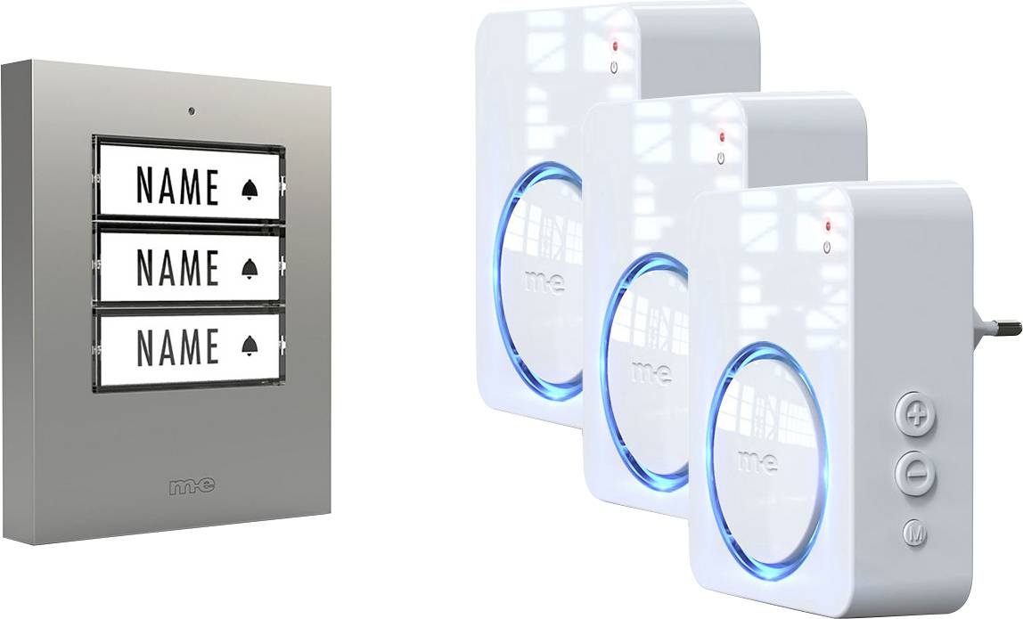 Set includes a metal doorbell nameplate with three customizable slots and three white plug-in chime units with blue LED lights.