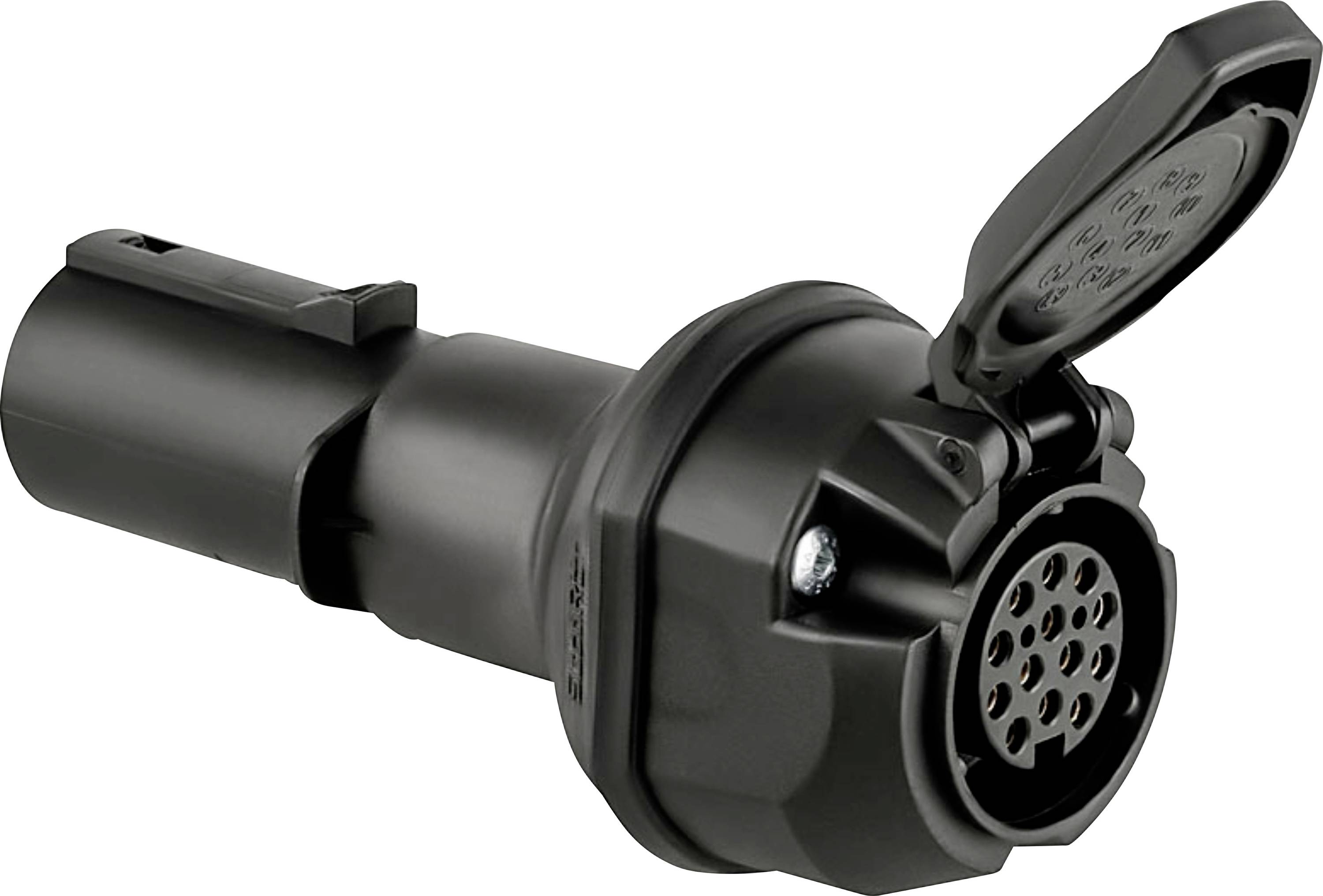A black electrical connector with a hinged cover is shown, featuring multiple pins for connectivity.