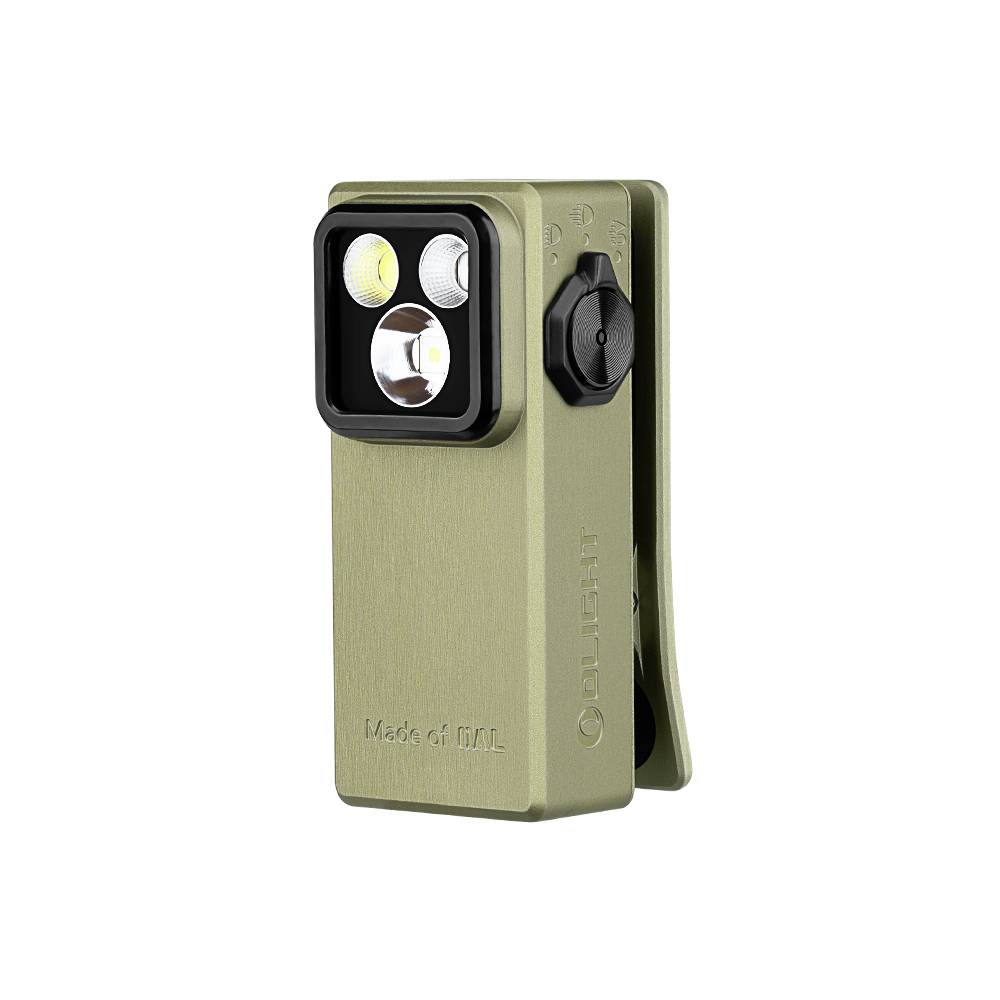 A compact, olive green flashlight with a clip, featuring three LED bulbs and a side switch. The word 'Olight' is engraved on its side.